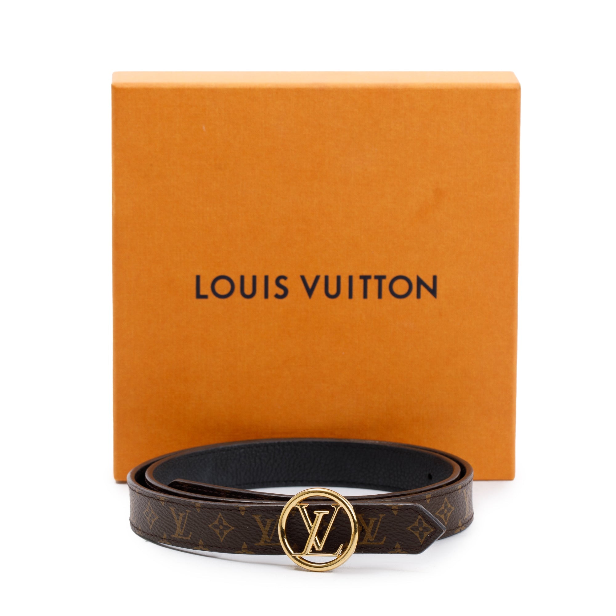 Louis Vuitton 2021 Monogram Canvas & Black Leather Circle LV 20 MM Reversible Belt, Size 75 30 w/ Box & Receipt