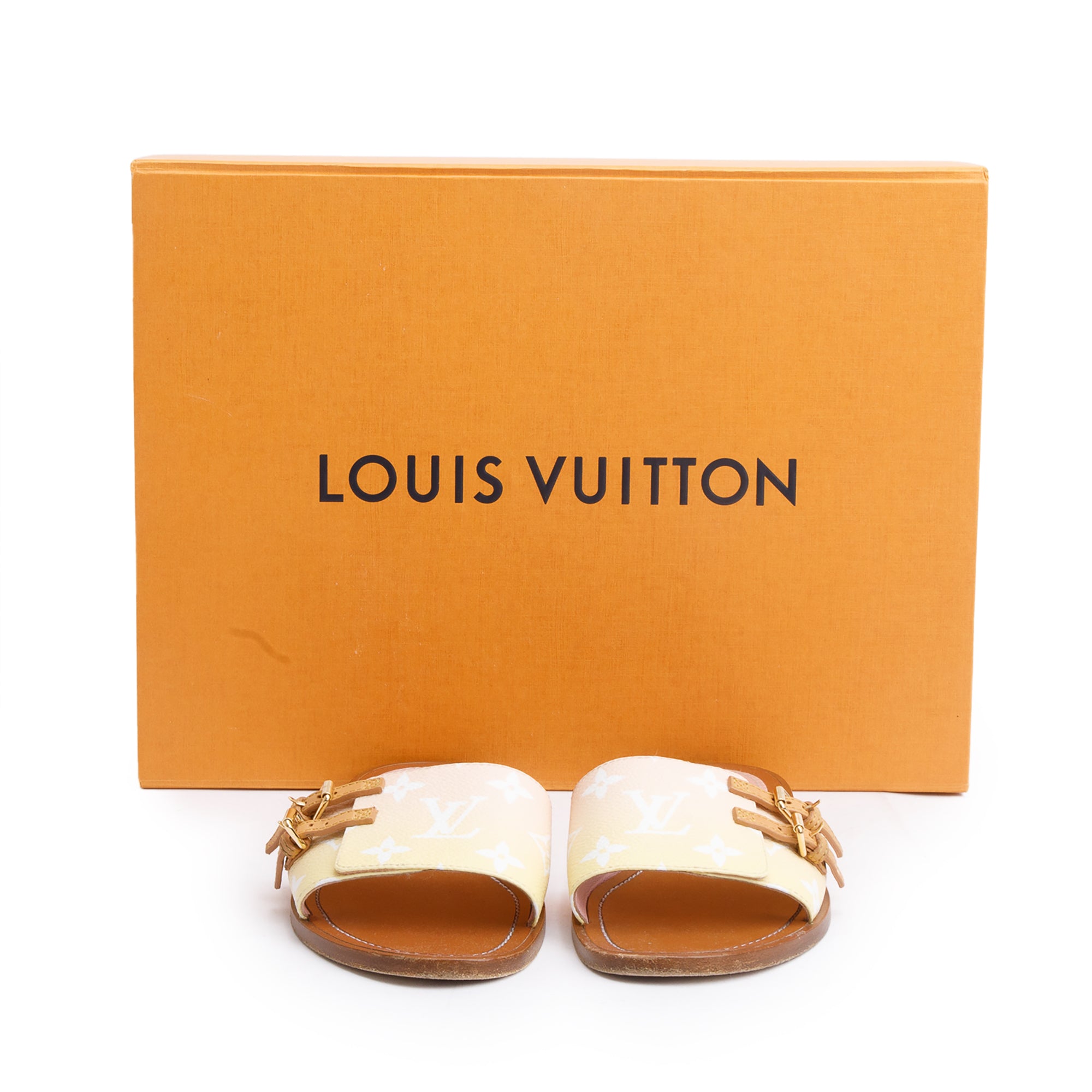 Louis Vuitton 2021 Pink/Yellow Monogram By The Pool Lock it Flat Mule, Size 38 w/ Box