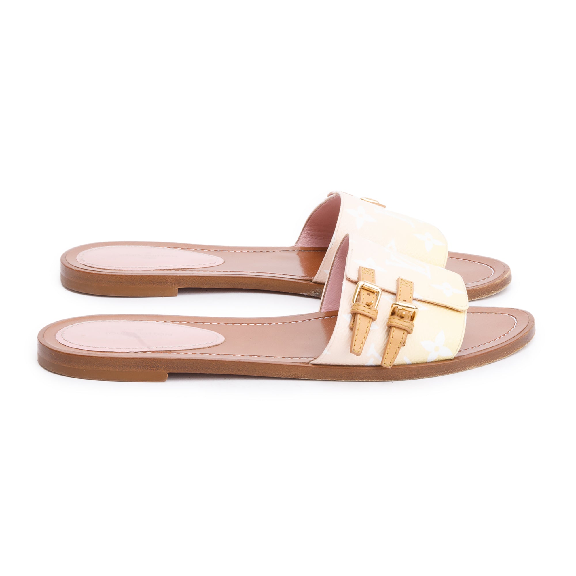 Louis Vuitton 2021 Pink/Yellow Monogram By The Pool Lock it Flat Mule, Size 38 w/ Box