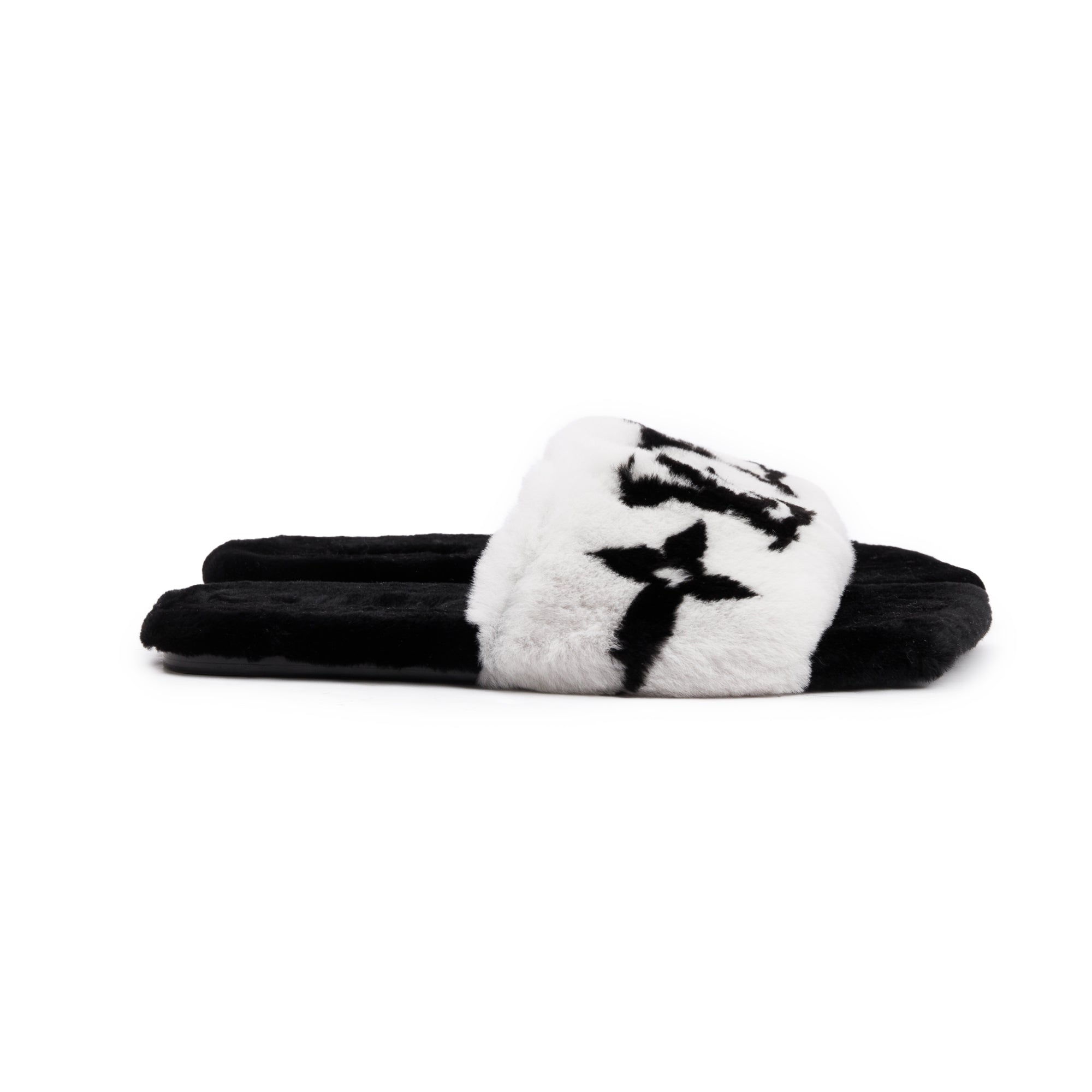 Louis Vuitton 2021 White/Black Monogram Print Fur Mink Flat Mules, Size 38 w/ Box