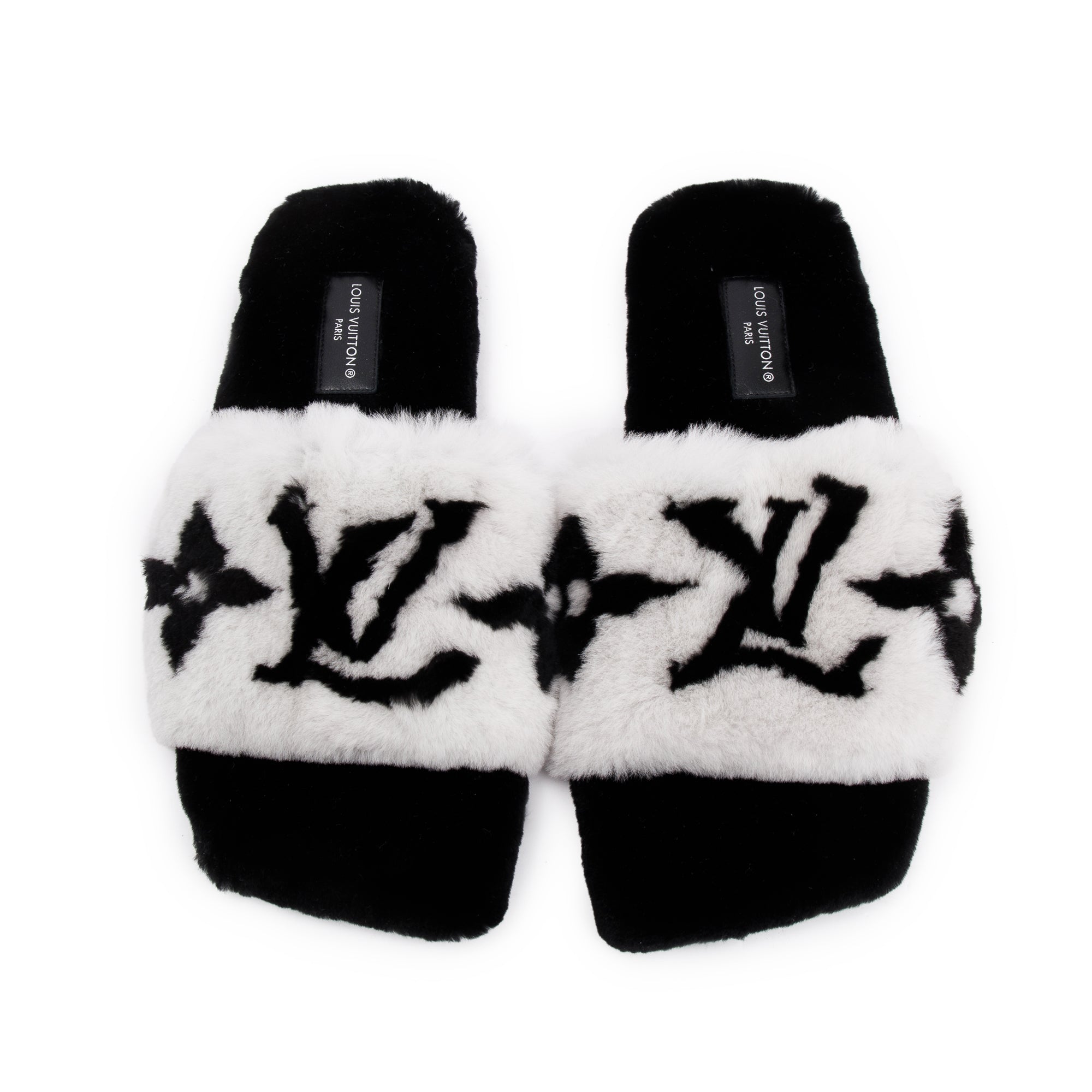 Louis Vuitton 2021 White/Black Monogram Print Fur Mink Flat Mules, Size 38 w/ Box