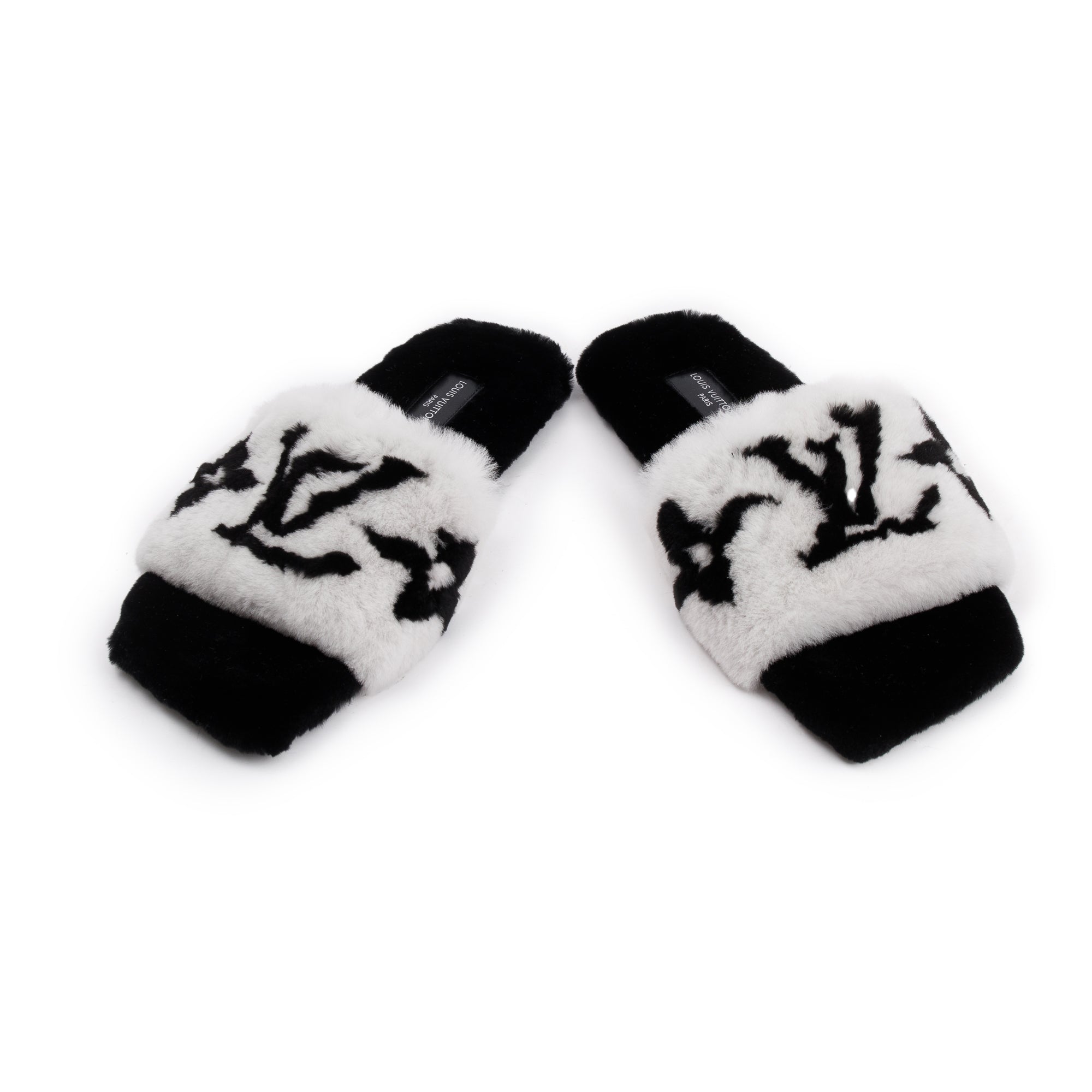 Louis Vuitton 2021 White/Black Monogram Print Fur Mink Flat Mules, Size 38 w/ Box
