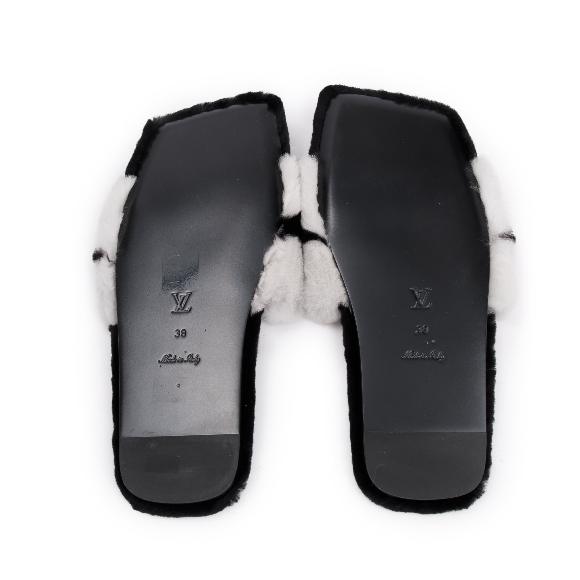 Louis Vuitton 2021 White/Black Monogram Print Fur Mink Flat Mules, Size 38 w/ Box