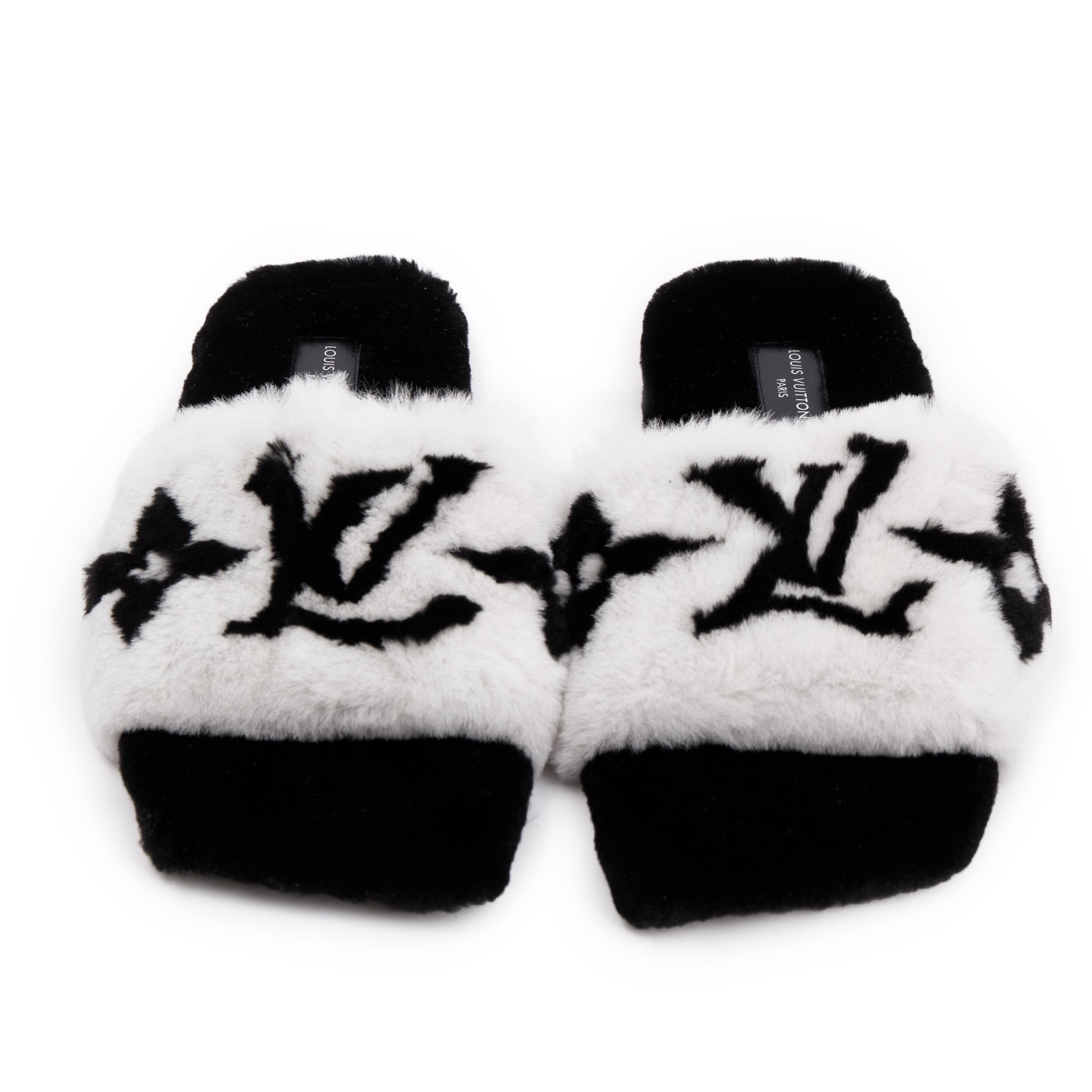 Louis Vuitton 2021 White/Black Monogram Print Fur Mink Flat Mules, Size 38 w/ Box