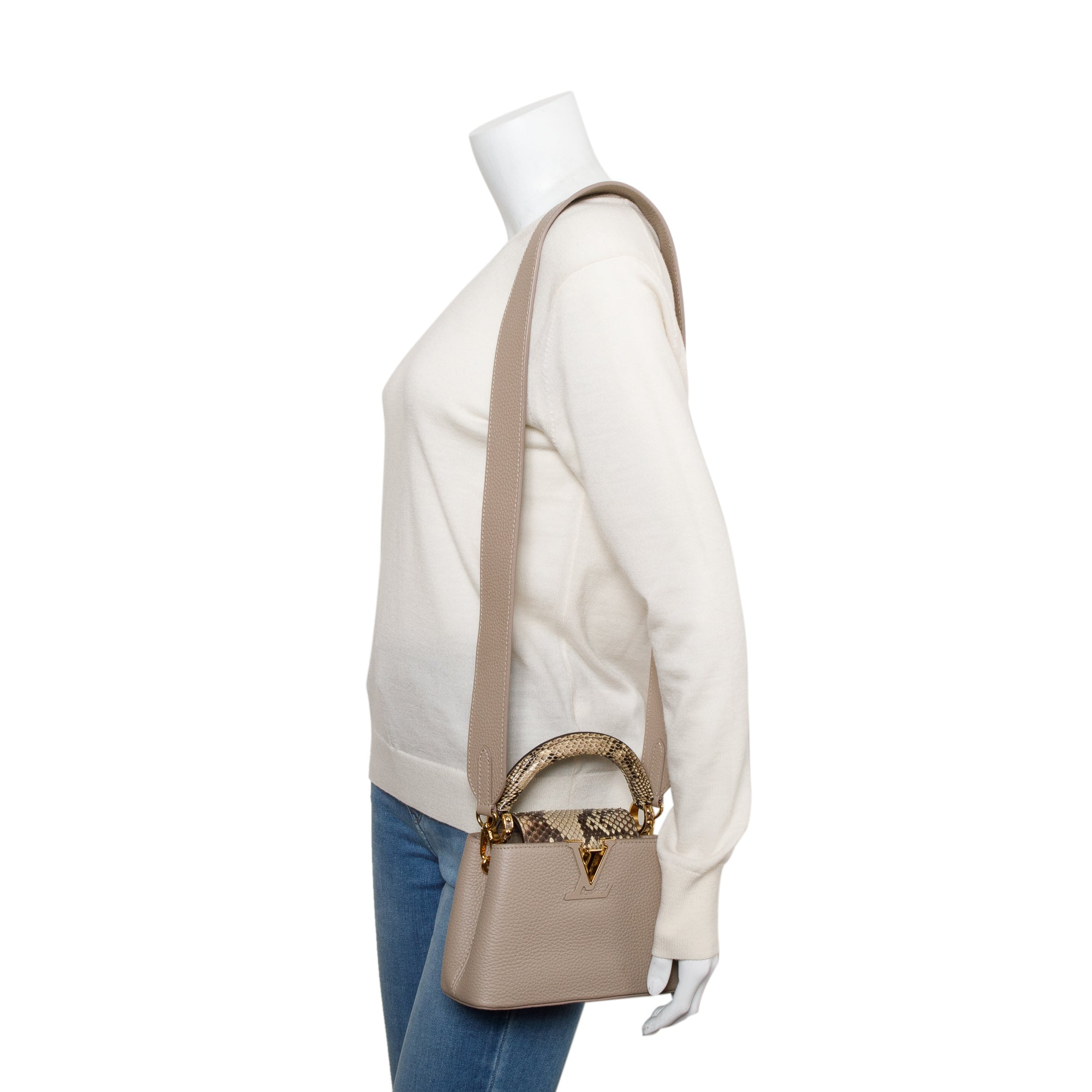 Louis Vuitton 2022 Beige Taurillon Leather Python Trim Capucines Mini w/ Strap