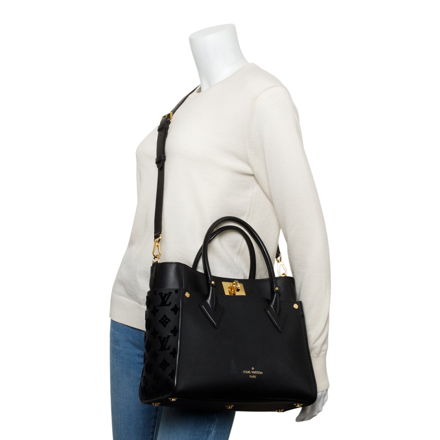 Louis Vuitton 2022 Black Calf Monogram Tufting On My Side MM Tote w/ Strap & Receipt