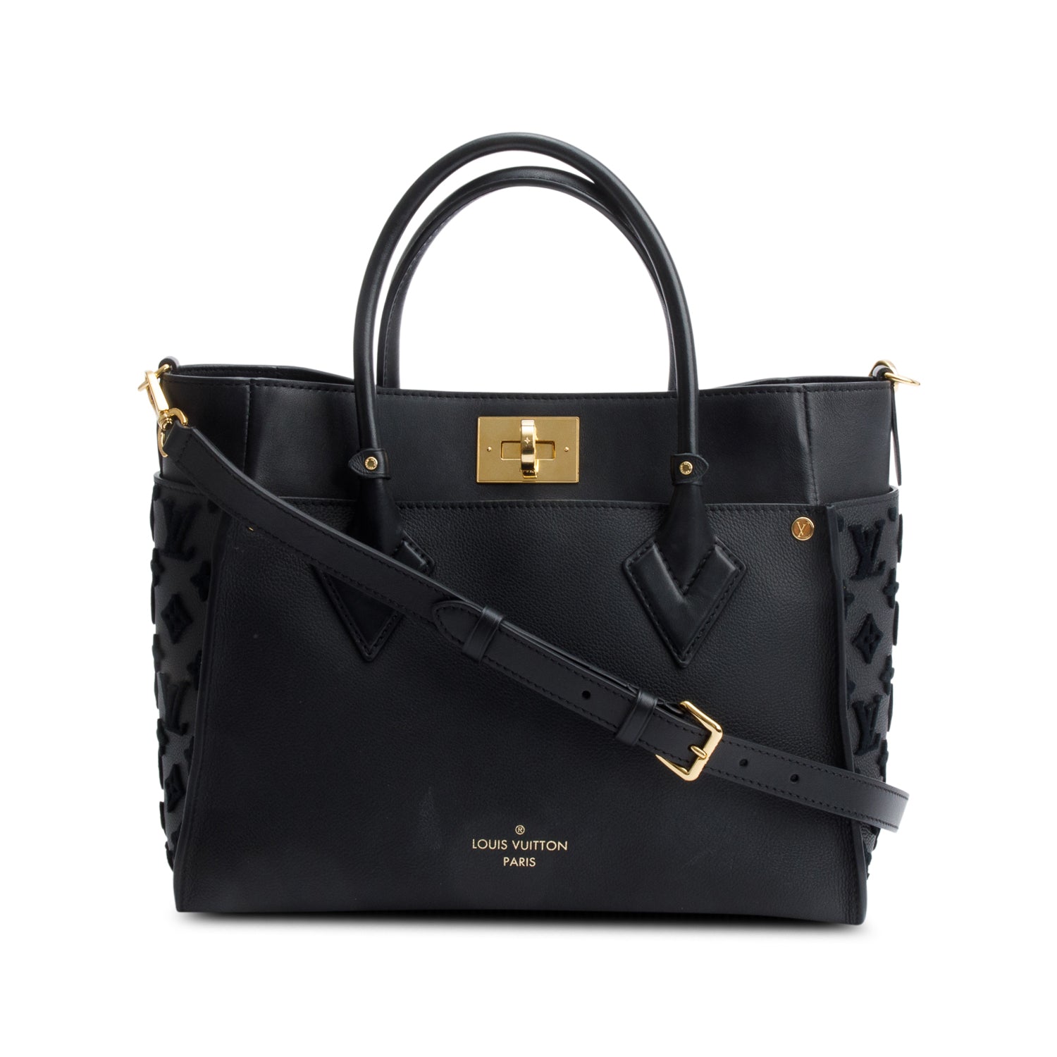 Louis Vuitton 2022 Black Calf Monogram Tufting On My Side MM Tote w/ Strap & Receipt