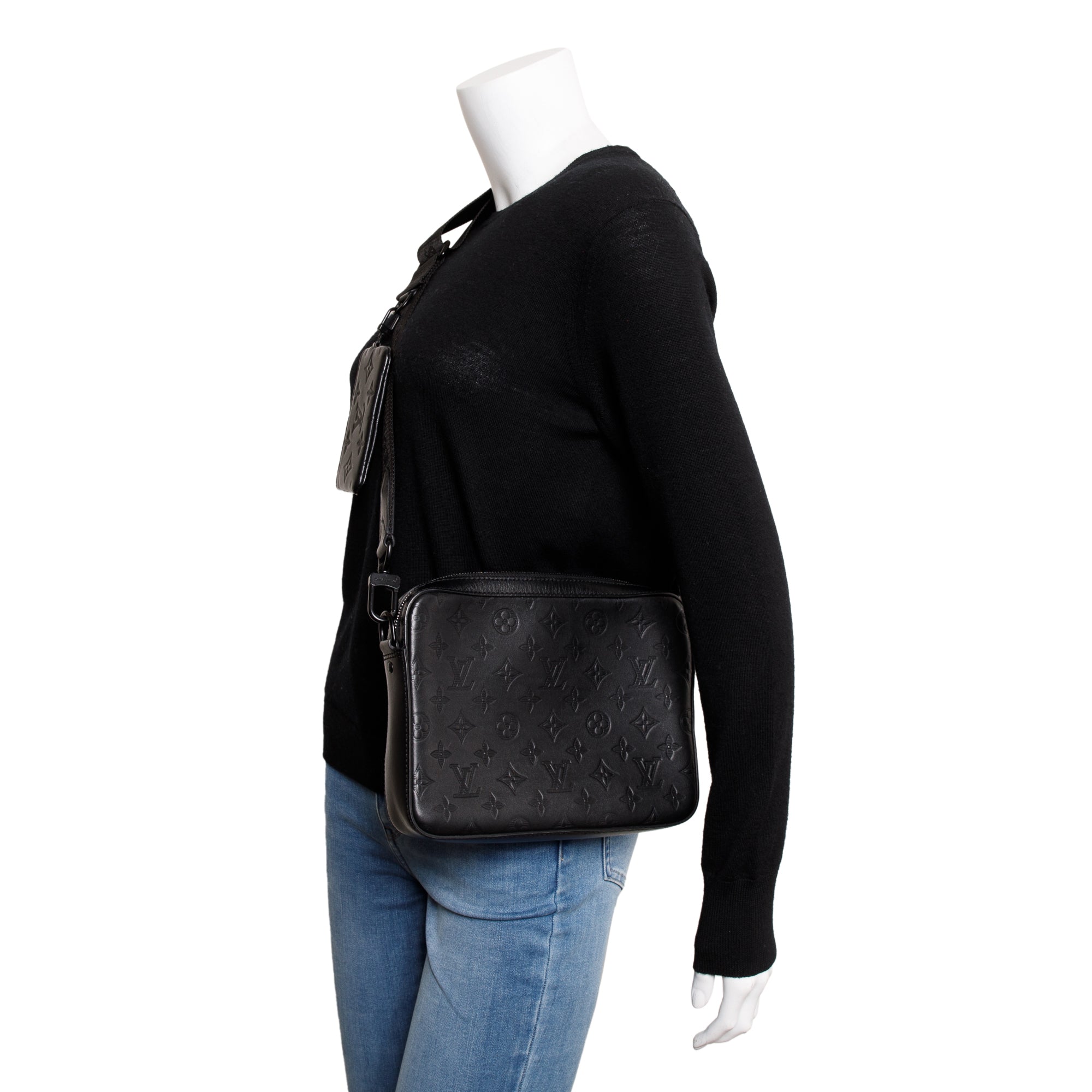 Louis Vuitton 2022 Black Monogram Shadow Embossed Calfskin Leather Duo Messenger Bag