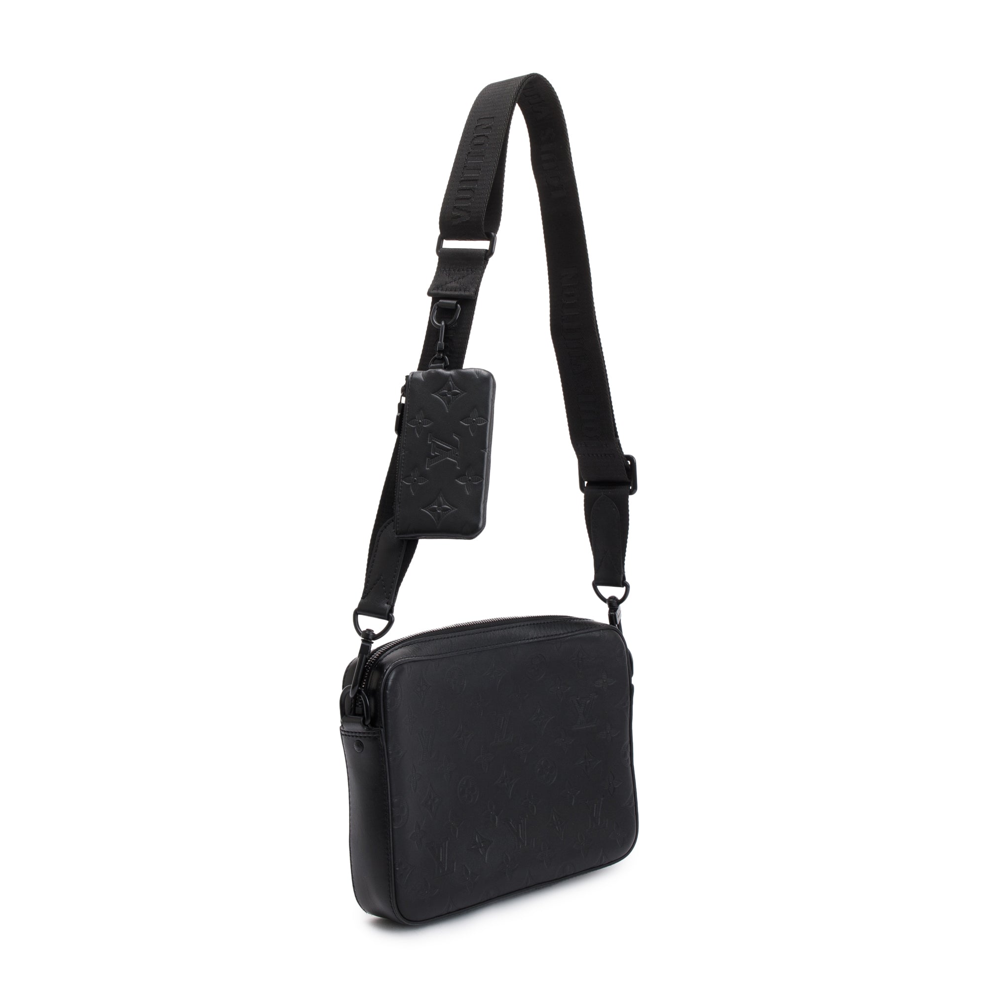 Louis Vuitton 2022 Black Monogram Shadow Embossed Calfskin Leather Duo Messenger Bag