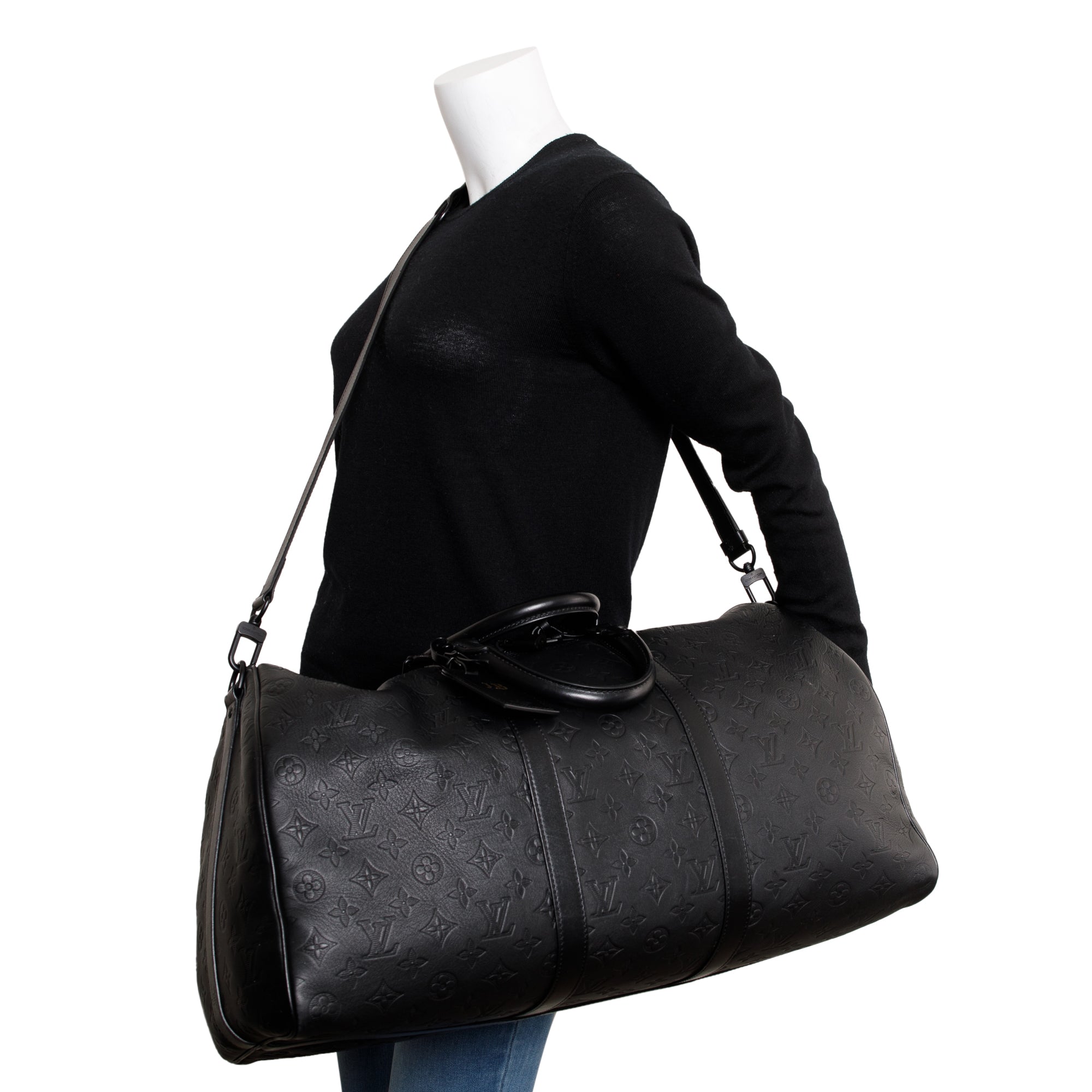 Louis Vuitton 2022 Black Monogram Shadow Embossed Keepall Bandouliere 50 w/ Strap