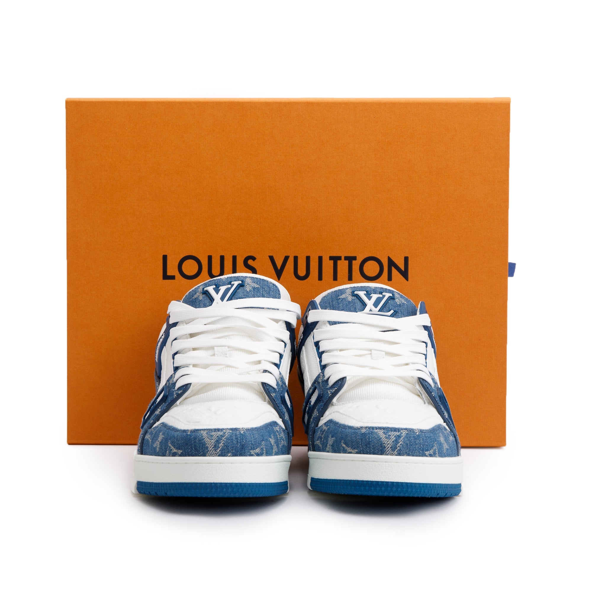 Louis Vuitton 2022 Blue/White Denim Calfskin LV Trainer Sneakers, Size 10 w/ Box