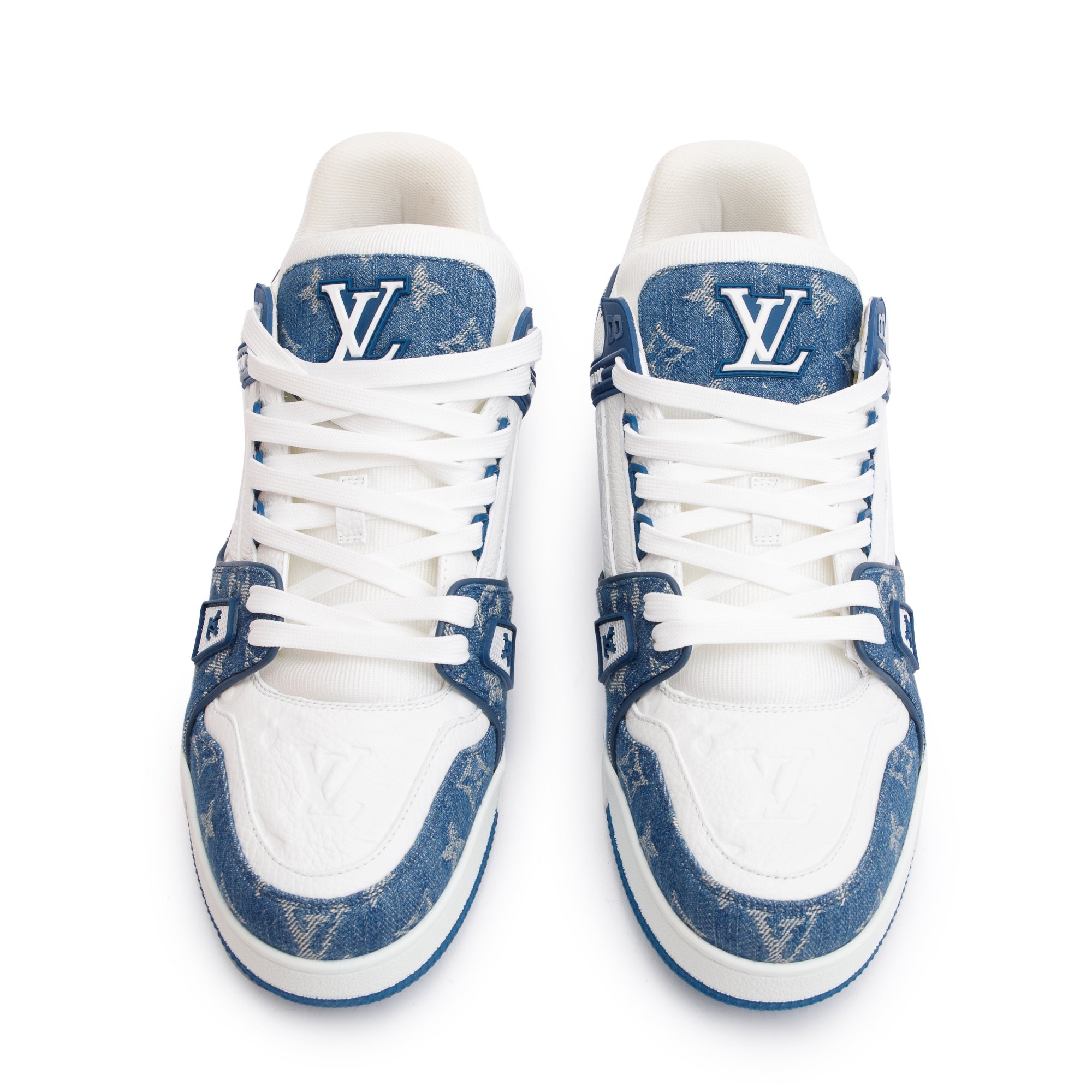 Louis Vuitton 2022 Blue/White Denim Calfskin LV Trainer Sneakers, Size 10 w/ Box