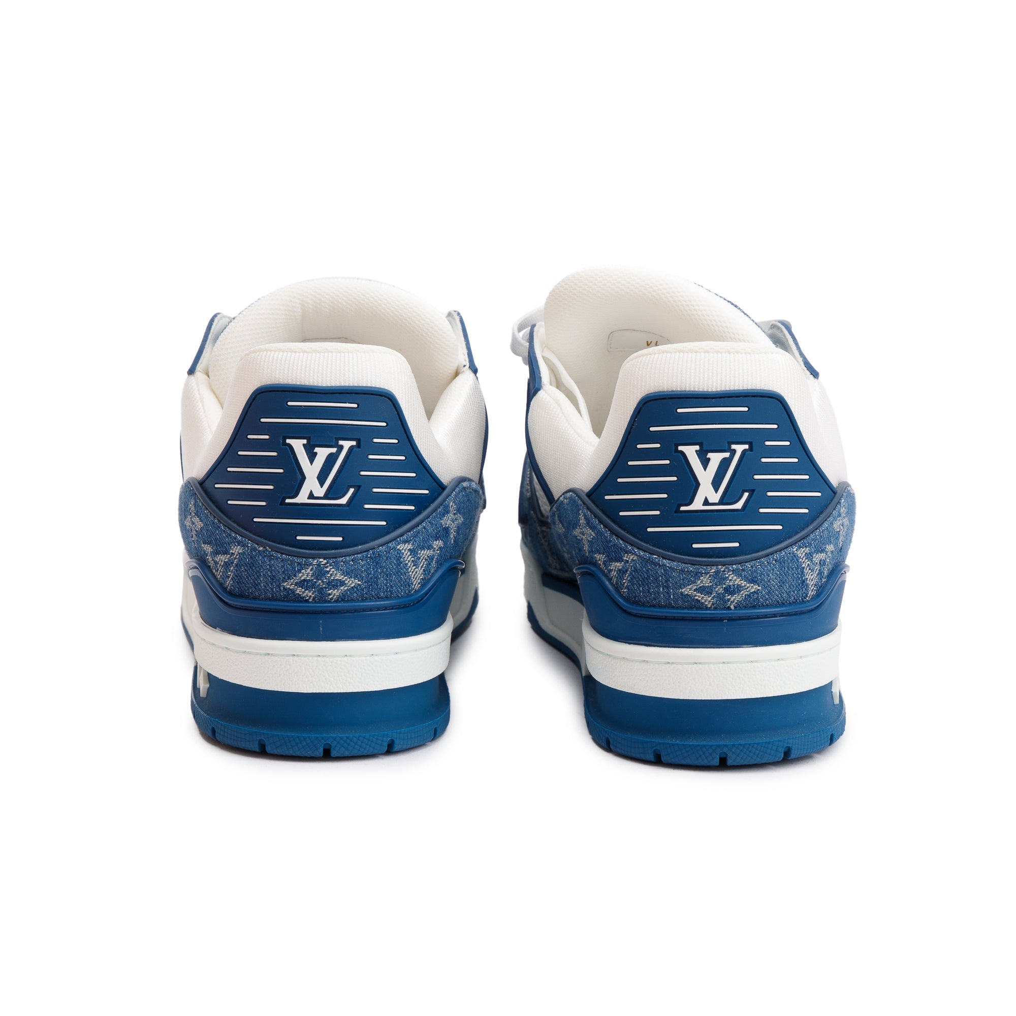 Louis Vuitton 2022 Blue/White Denim Calfskin LV Trainer Sneakers, Size 10 w/ Box