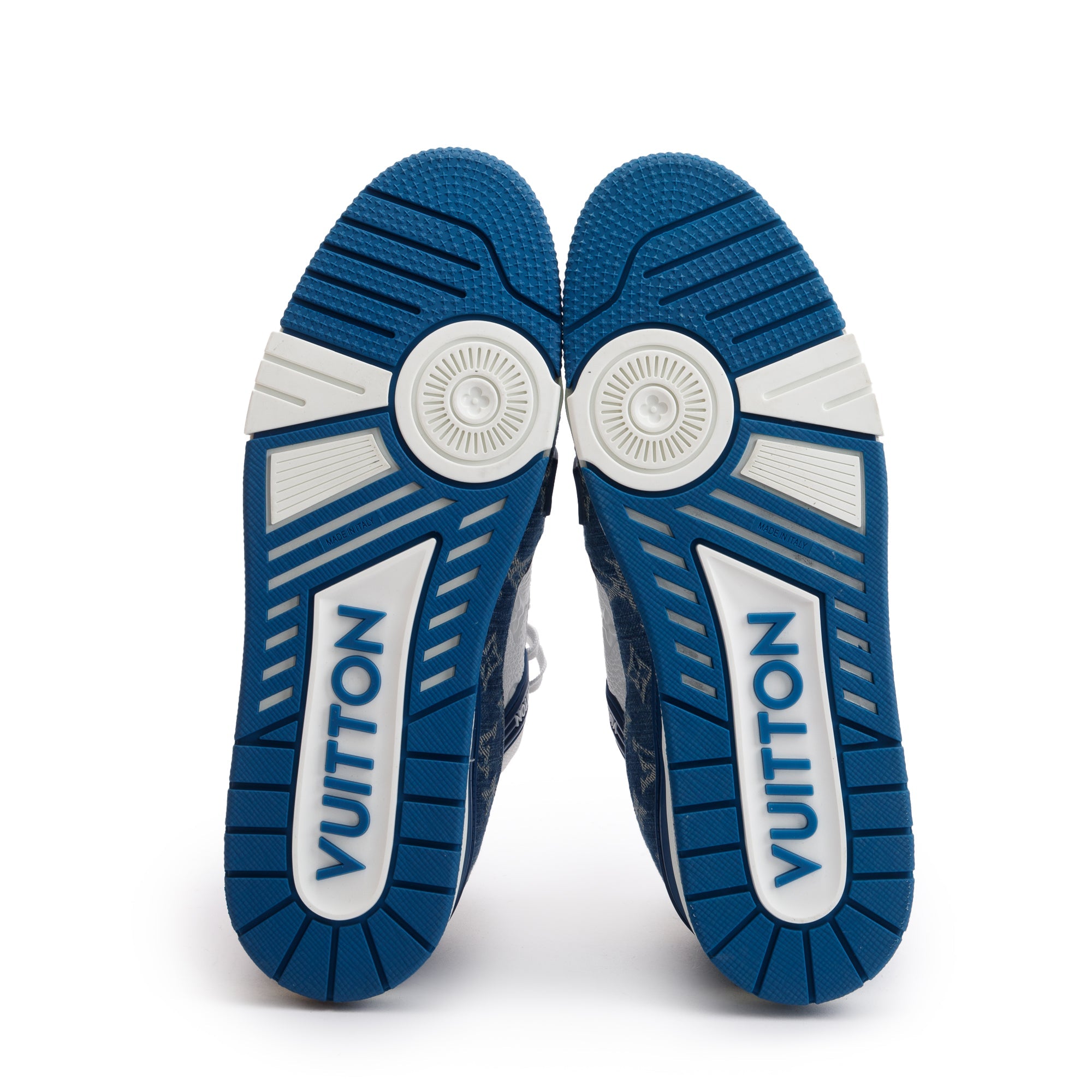 Louis Vuitton 2022 Blue/White Denim Calfskin LV Trainer Sneakers, Size 10 w/ Box