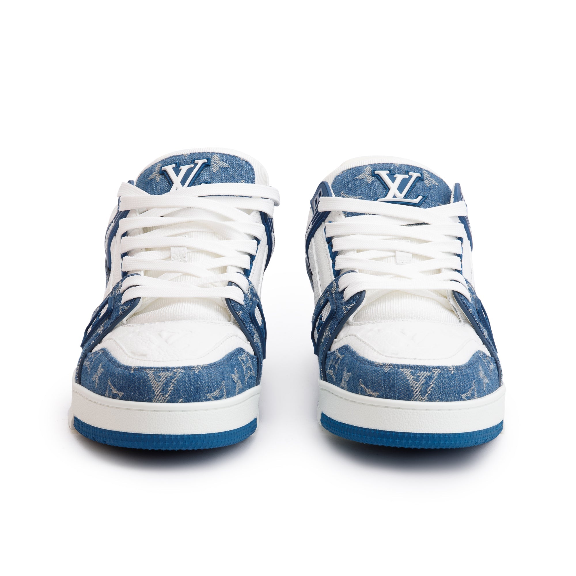 Louis Vuitton 2022 Blue/White Denim Calfskin LV Trainer Sneakers, Size 10 w/ Box