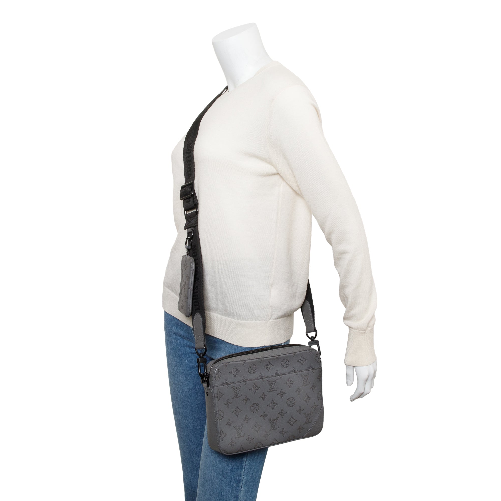 Louis Vuitton 2022 Grey Monogram Shadow Embossed Calfskin Leather Duo Messenger Bag