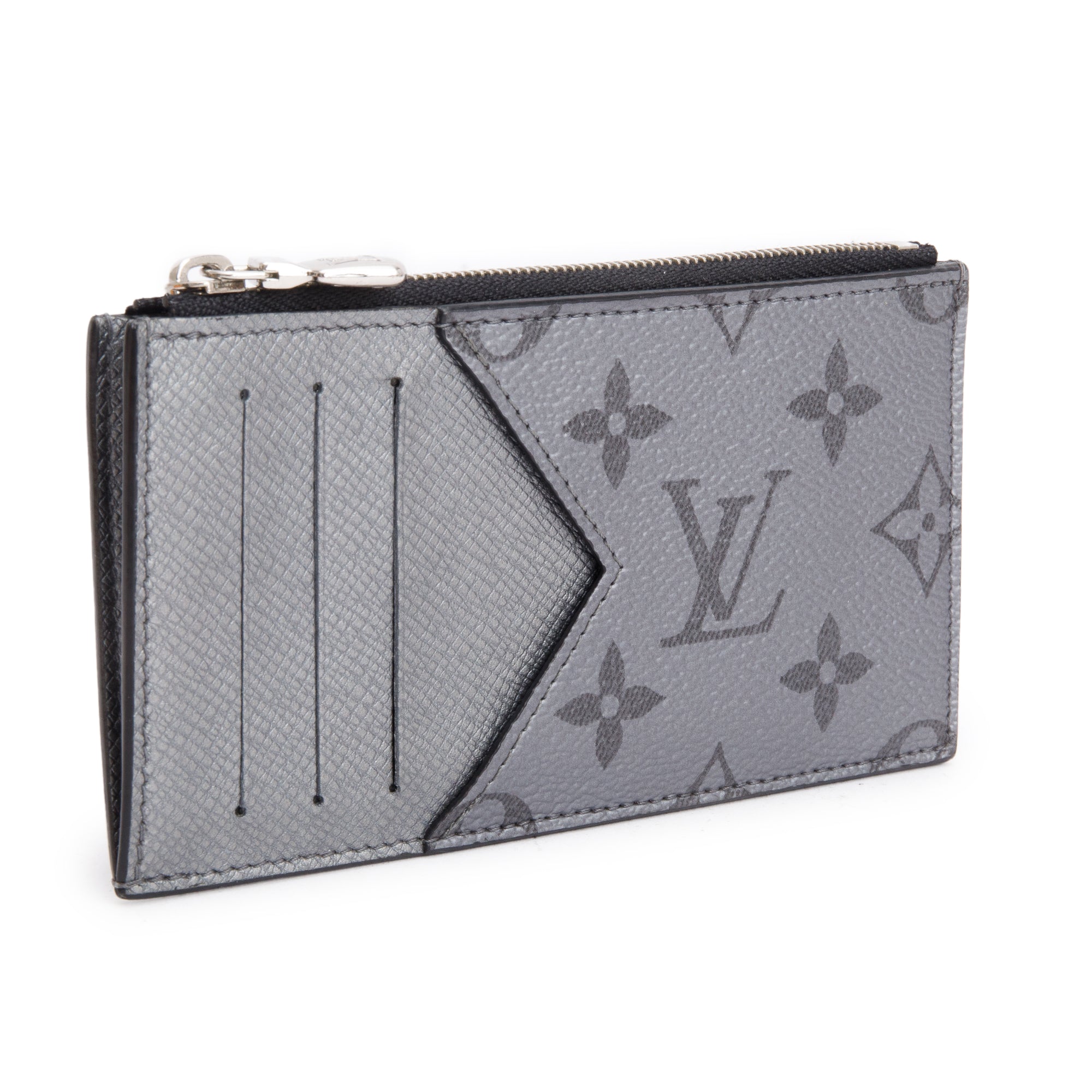 Louis Vuitton 2022 Gunmetal Silver Monogram & Taigarama Leather Coin Card Holder w/ Box