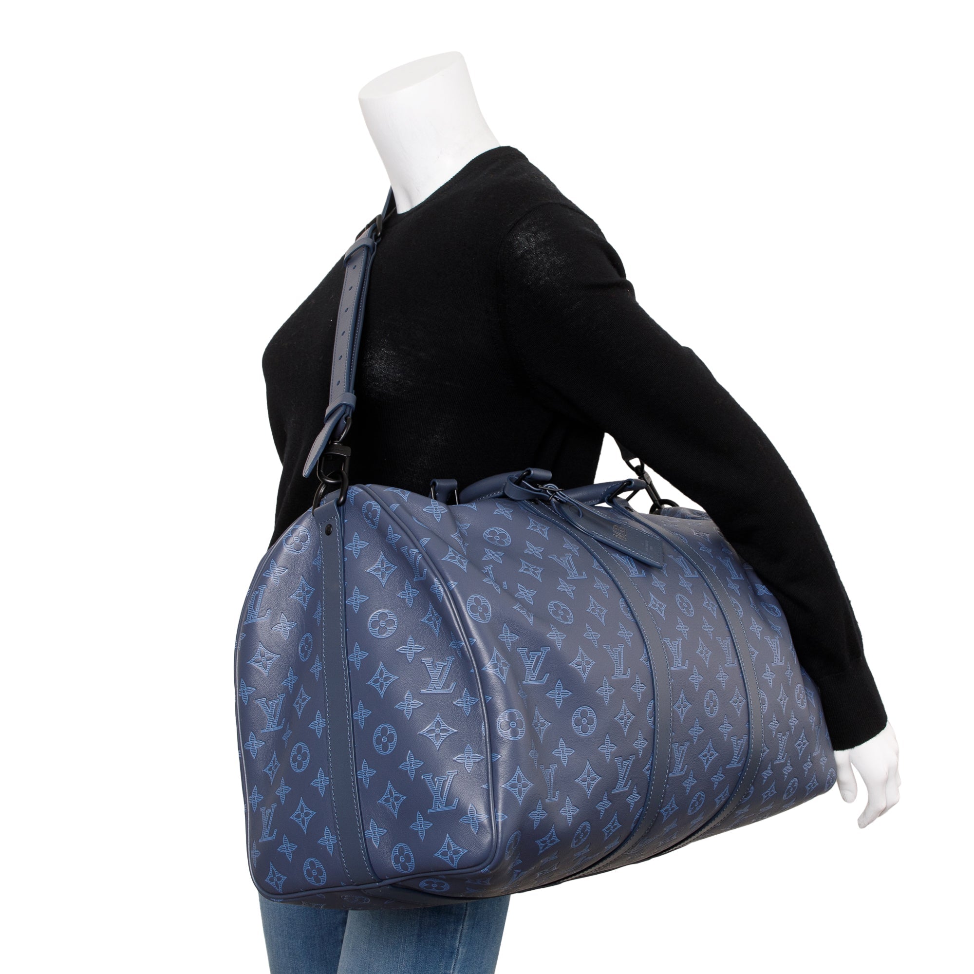 Louis Vuitton 2022 Navy Monogram Shadow Embossed Keepall Bandouliere 50