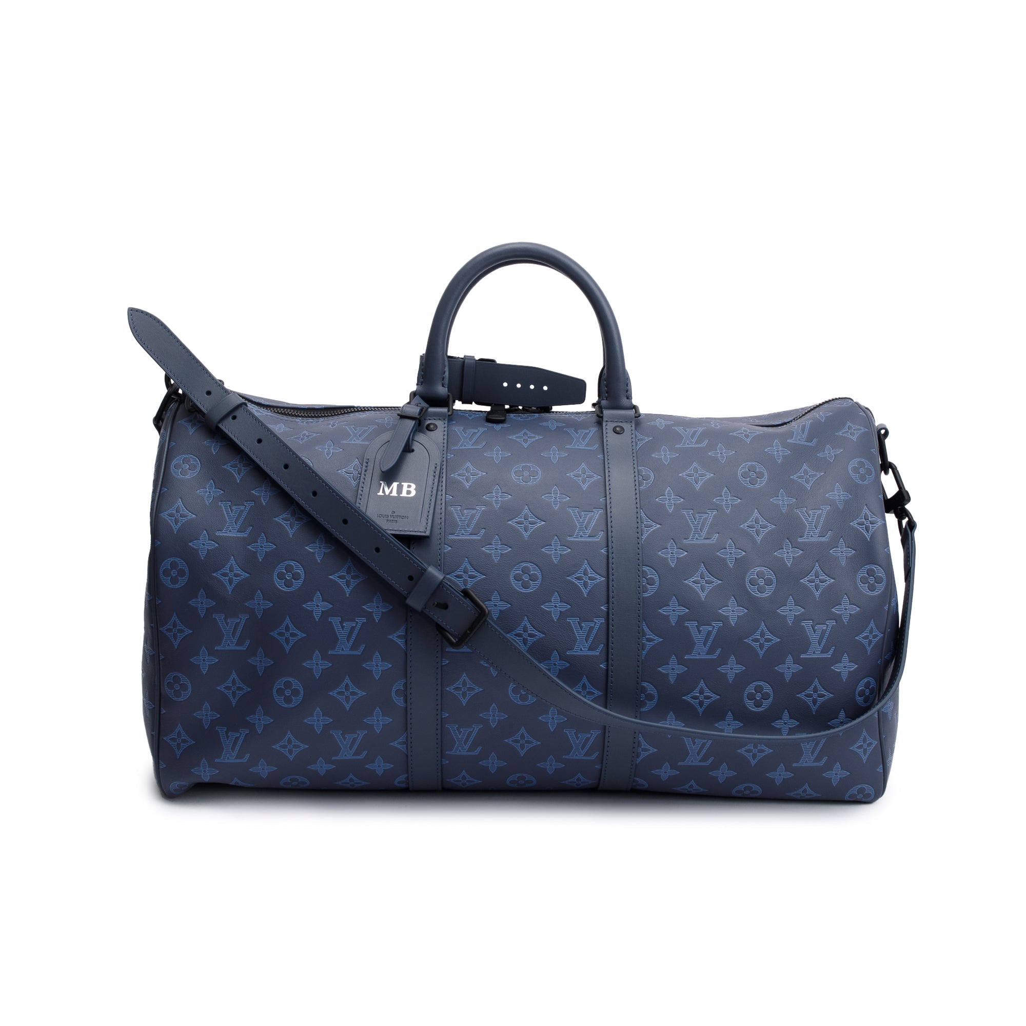 Louis Vuitton 2022 Navy Monogram Shadow Embossed Keepall Bandouliere 50