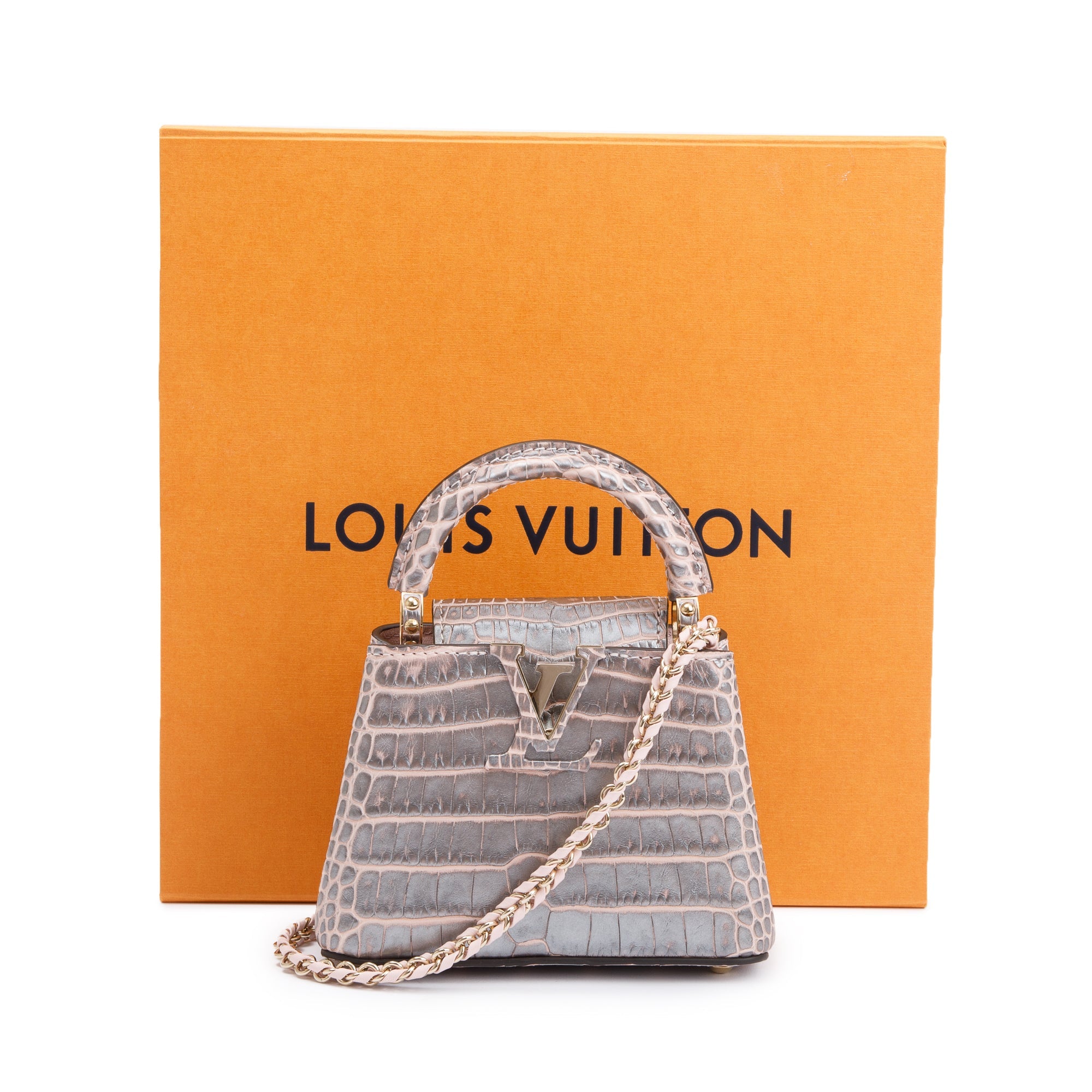 Louis Vuitton 2022 Silver/Pink Crocodilien Brillant Capucines Nano w/ Strap & Box