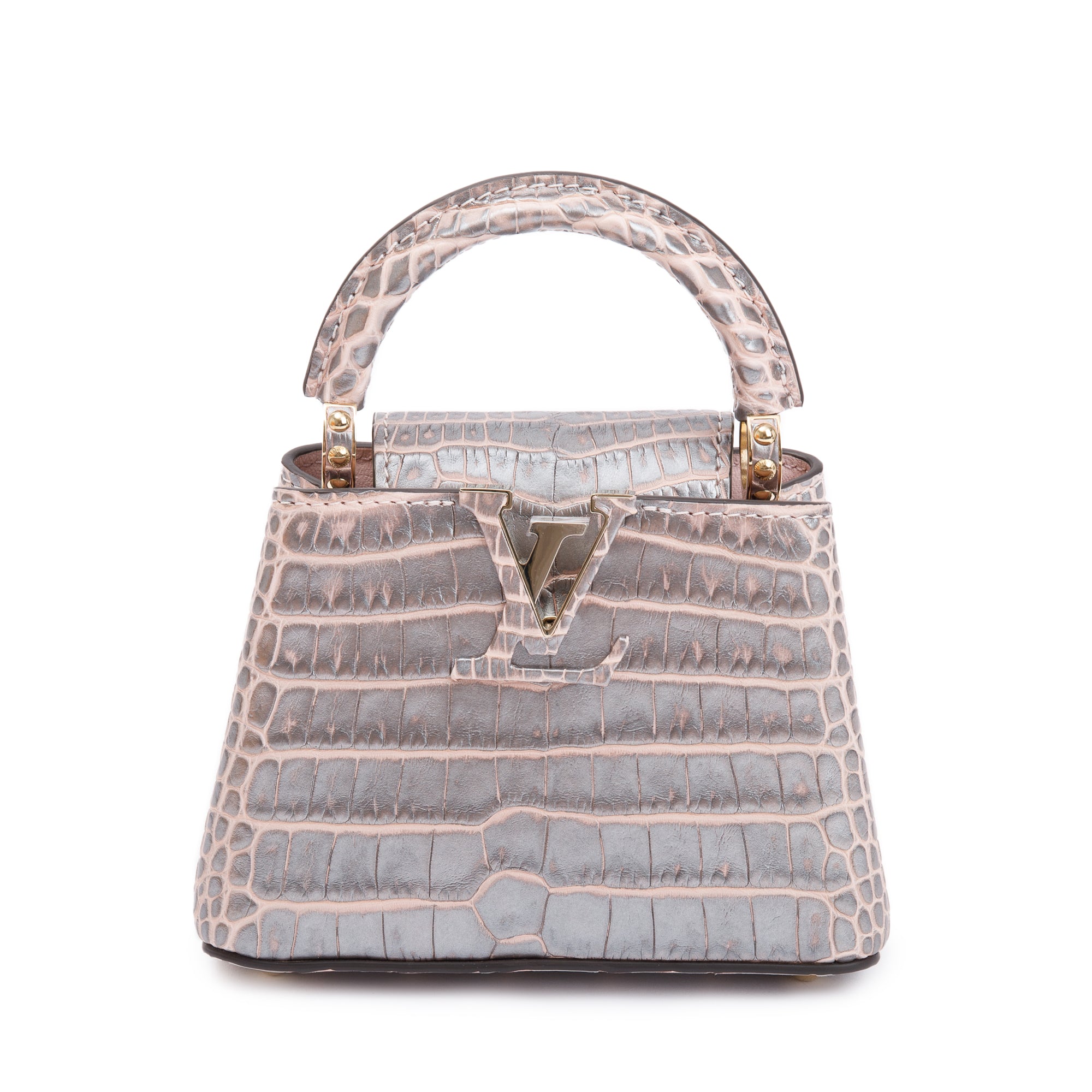 Louis Vuitton 2022 Silver/Pink Crocodilien Brillant Capucines Nano w/ Strap & Box