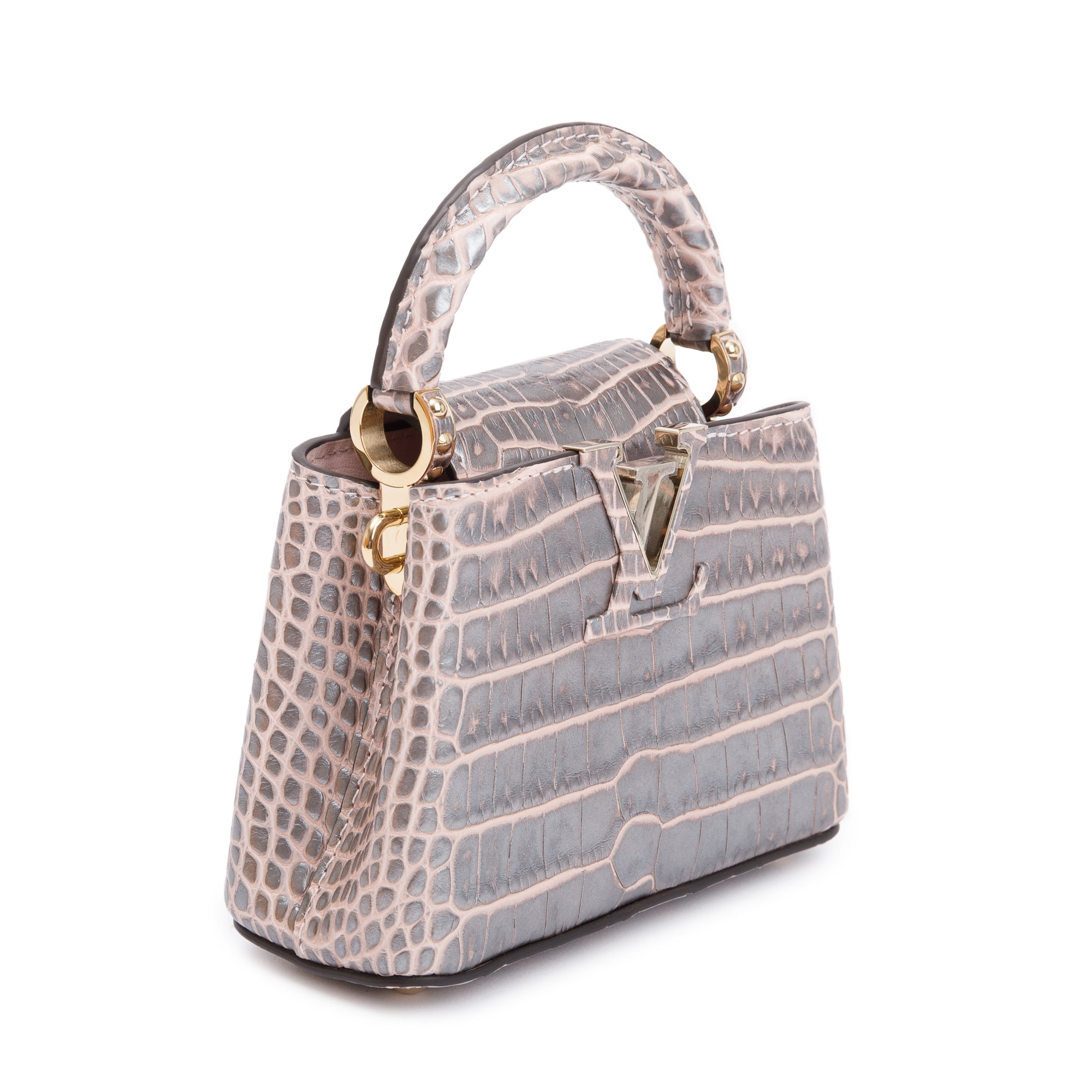 Louis Vuitton 2022 Silver/Pink Crocodilien Brillant Capucines Nano w/ Strap & Box