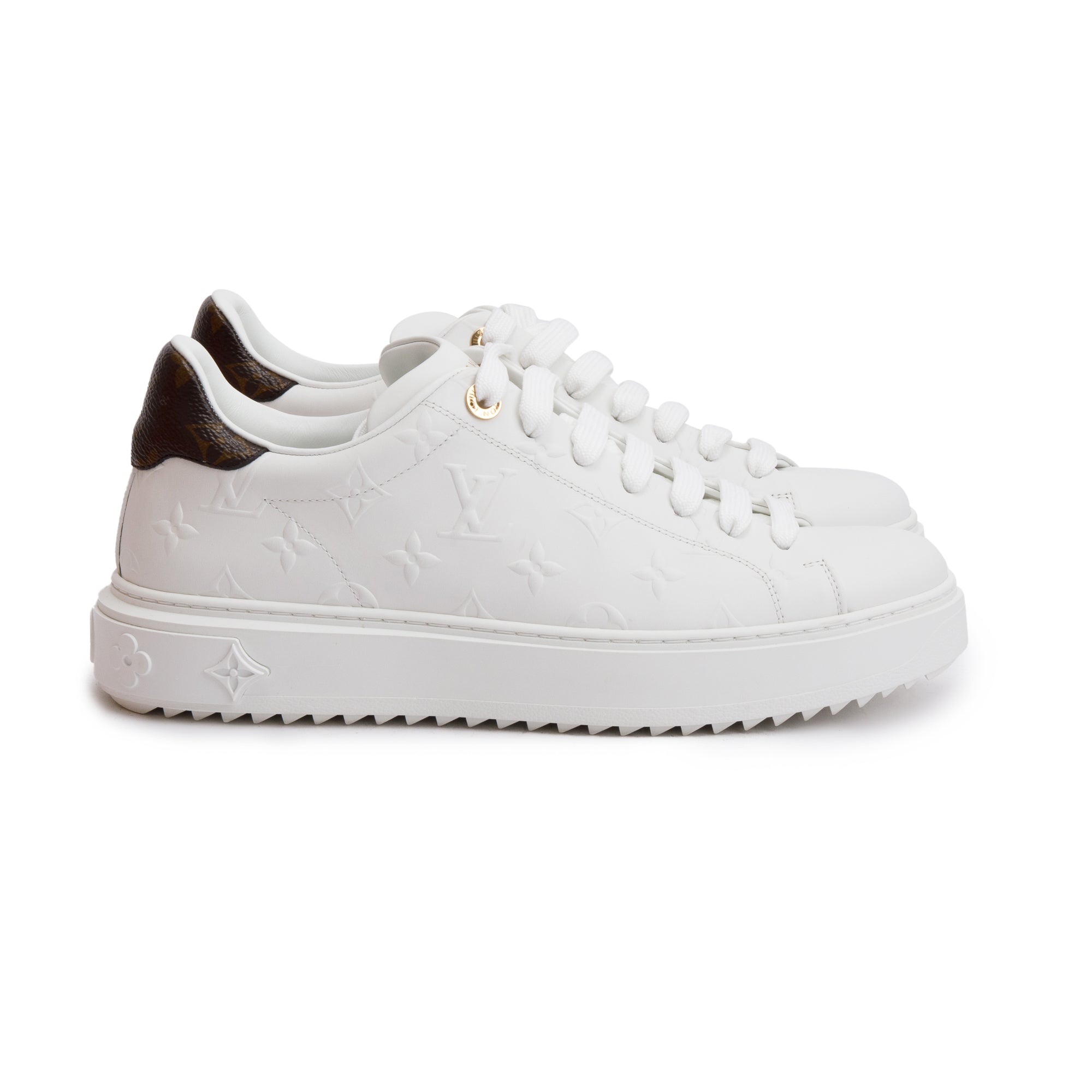 Louis Vuitton 2022 White Monogram Debosssed Leather Time Out Sneakers, Size 41 w/ Box