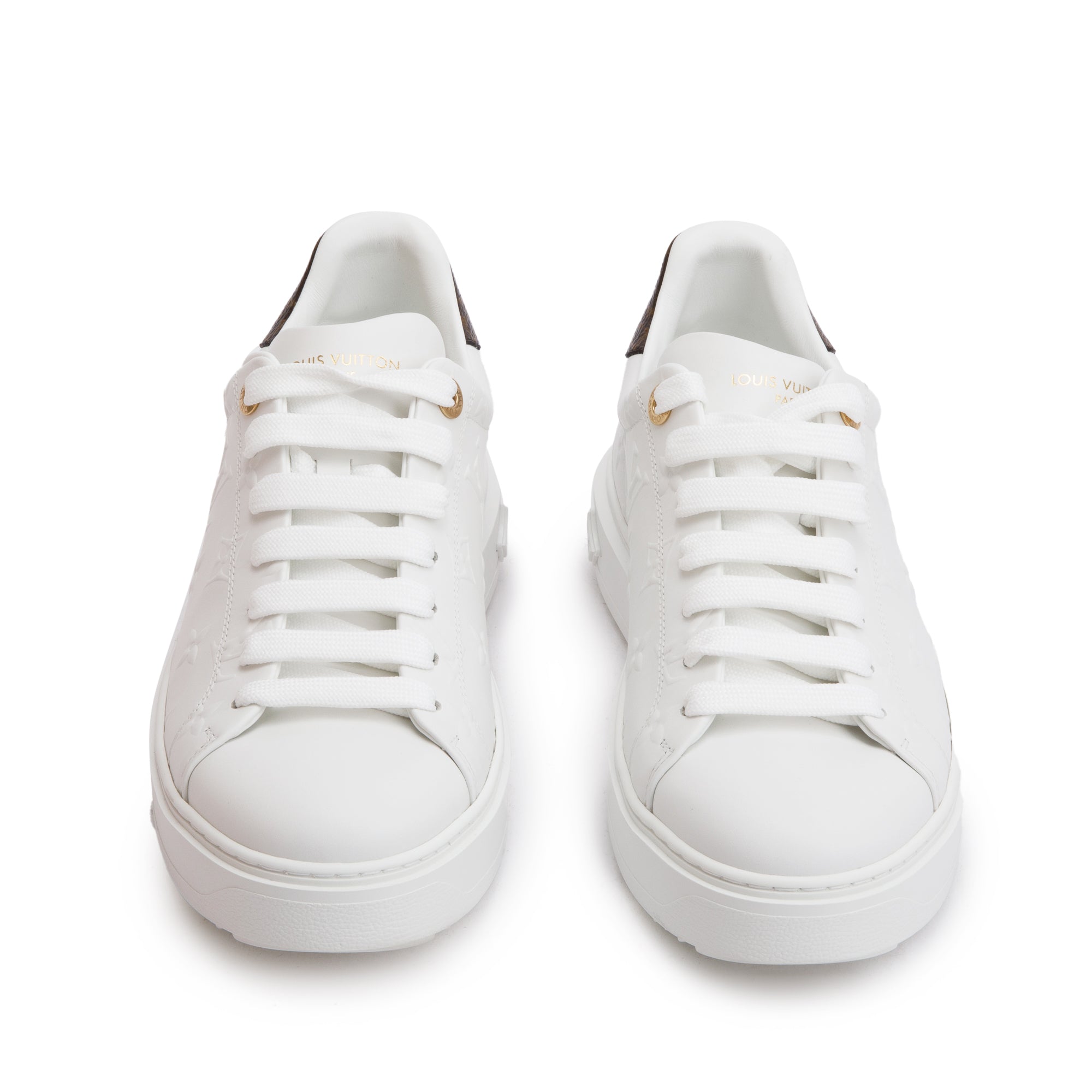 Louis Vuitton 2022 White Monogram Debosssed Leather Time Out Sneakers, Size 41 w/ Box