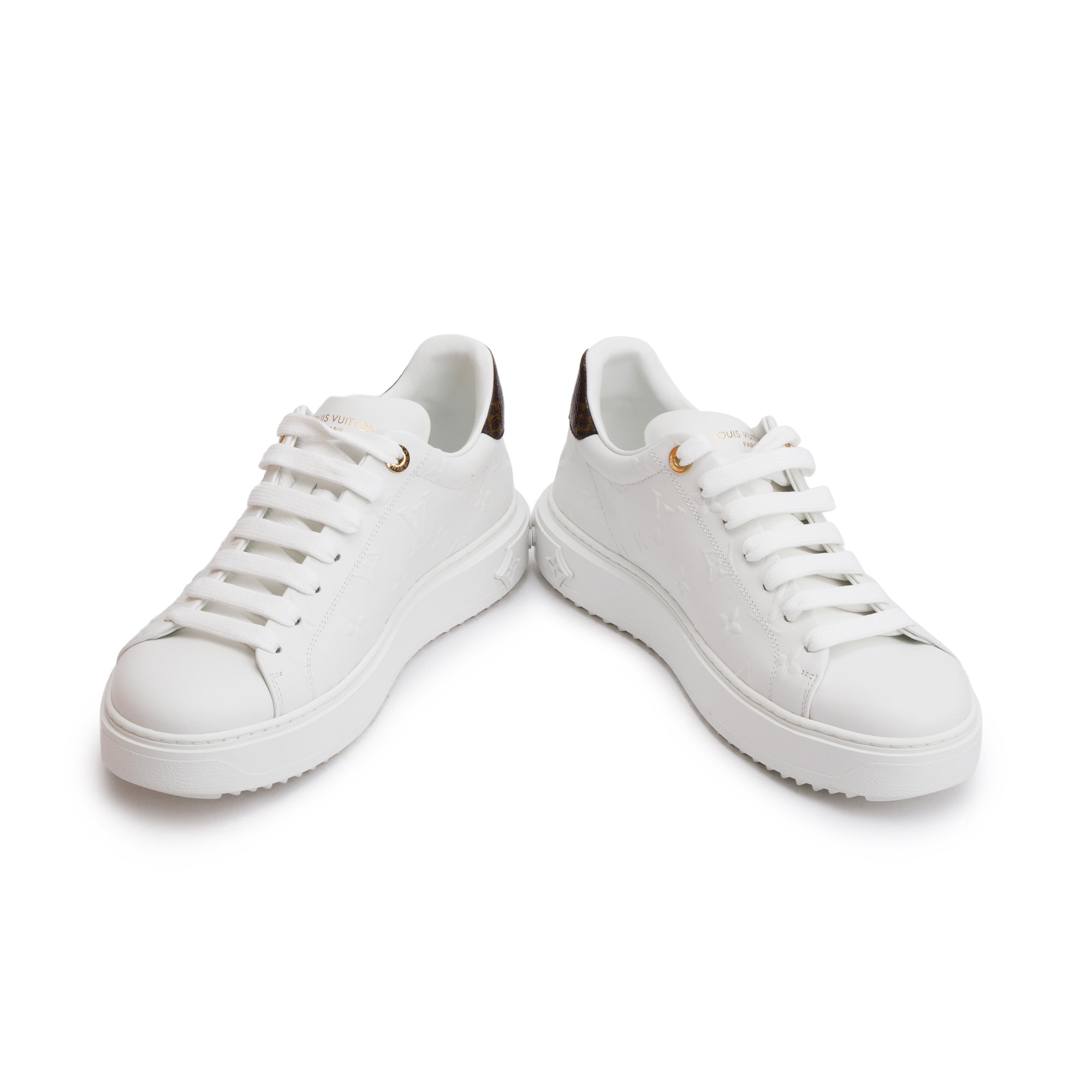 Louis Vuitton 2022 White Monogram Debosssed Leather Time Out Sneakers, Size 41 w/ Box