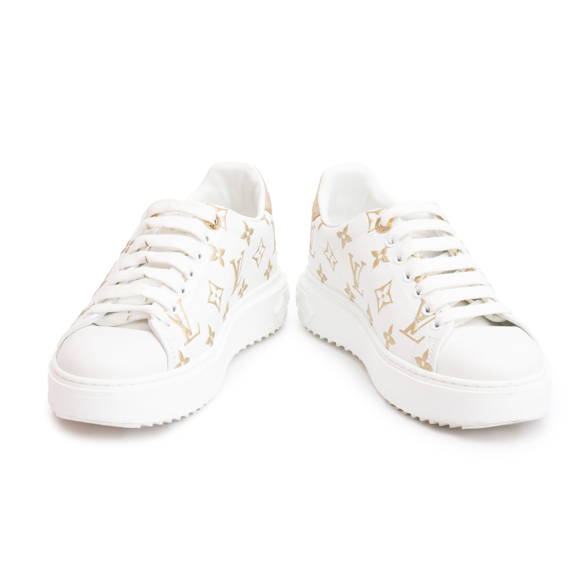 Louis Vuitton 2022 White/Gold Monogram Debosssed Leather Time Out Sneakers, Size 36.5 w/ Box