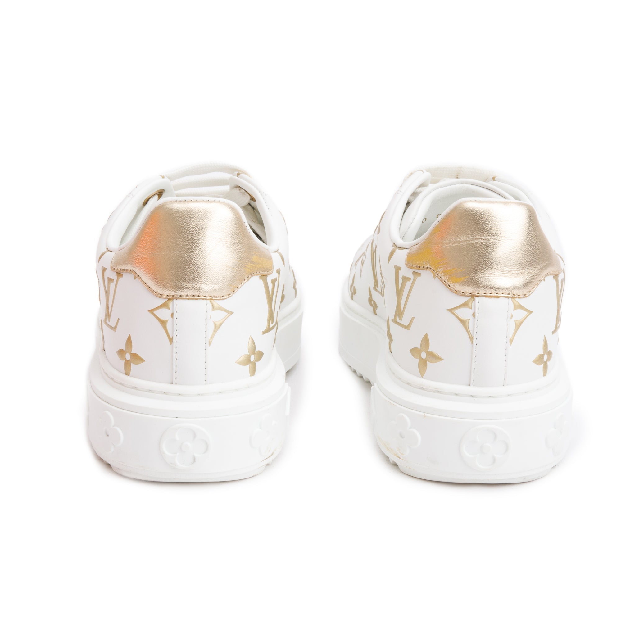 Louis Vuitton 2022 White/Gold Monogram Debosssed Leather Time Out Sneakers, Size 36.5 w/ Box