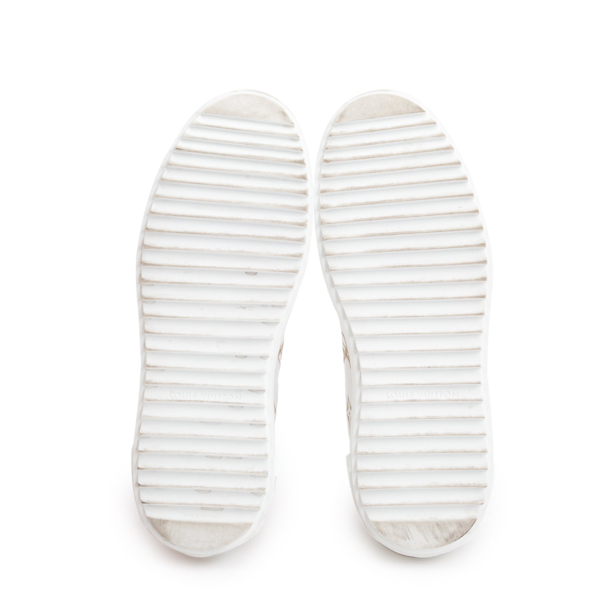 Louis Vuitton 2022 White/Gold Monogram Debosssed Leather Time Out Sneakers, Size 36.5 w/ Box