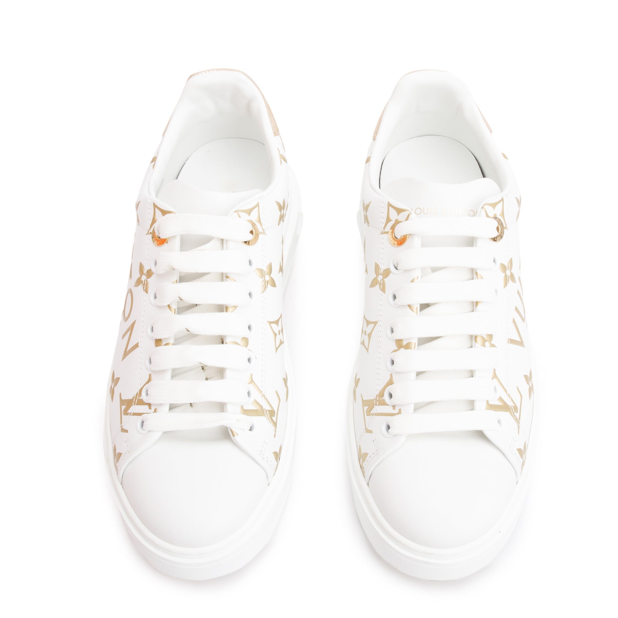 Louis Vuitton 2022 White/Gold Monogram Debosssed Leather Time Out Sneakers, Size 36.5 w/ Box
