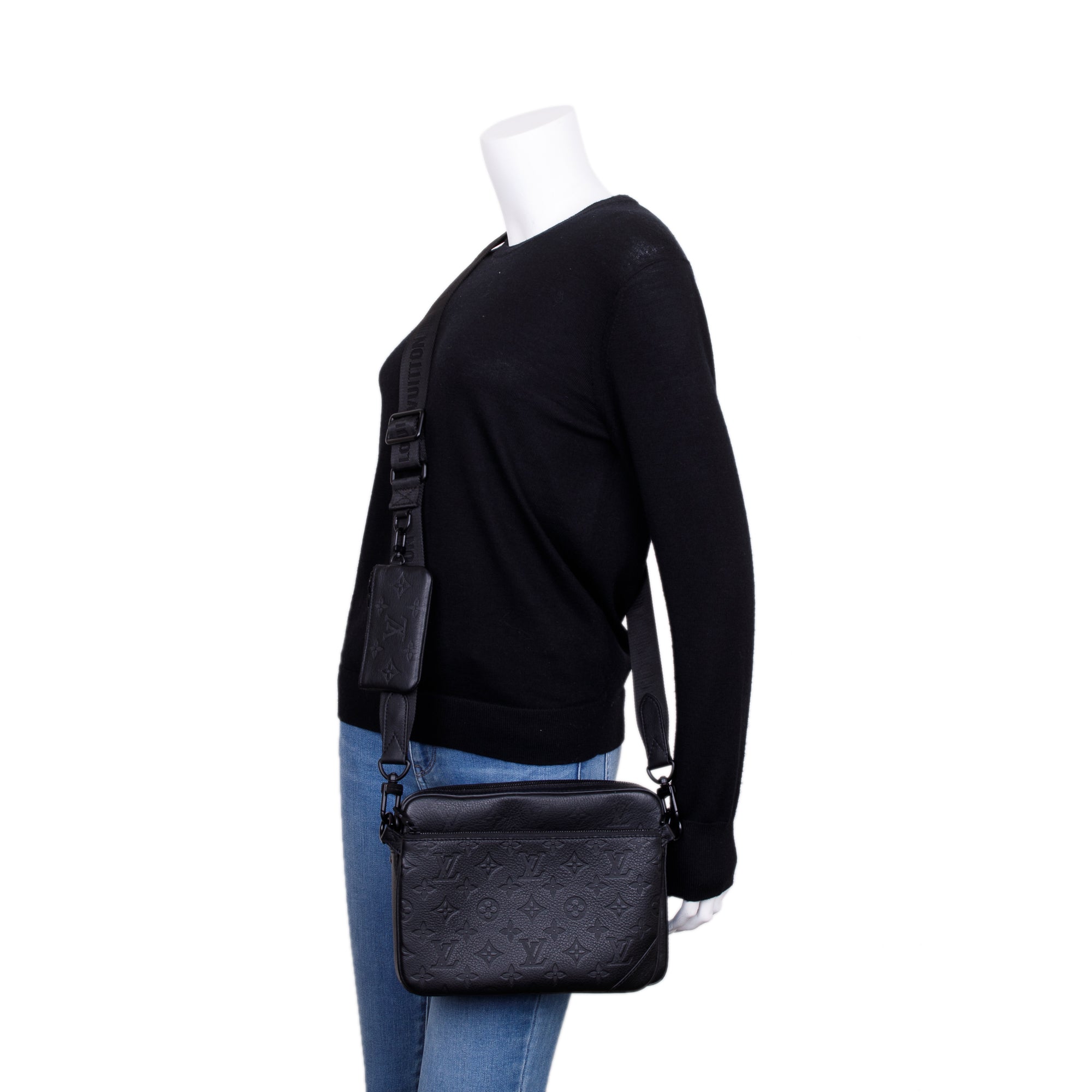 Louis Vuitton 2023 Black Calfskin Leather Monogram Shadow Trio Messenger w/ Box & Receipt