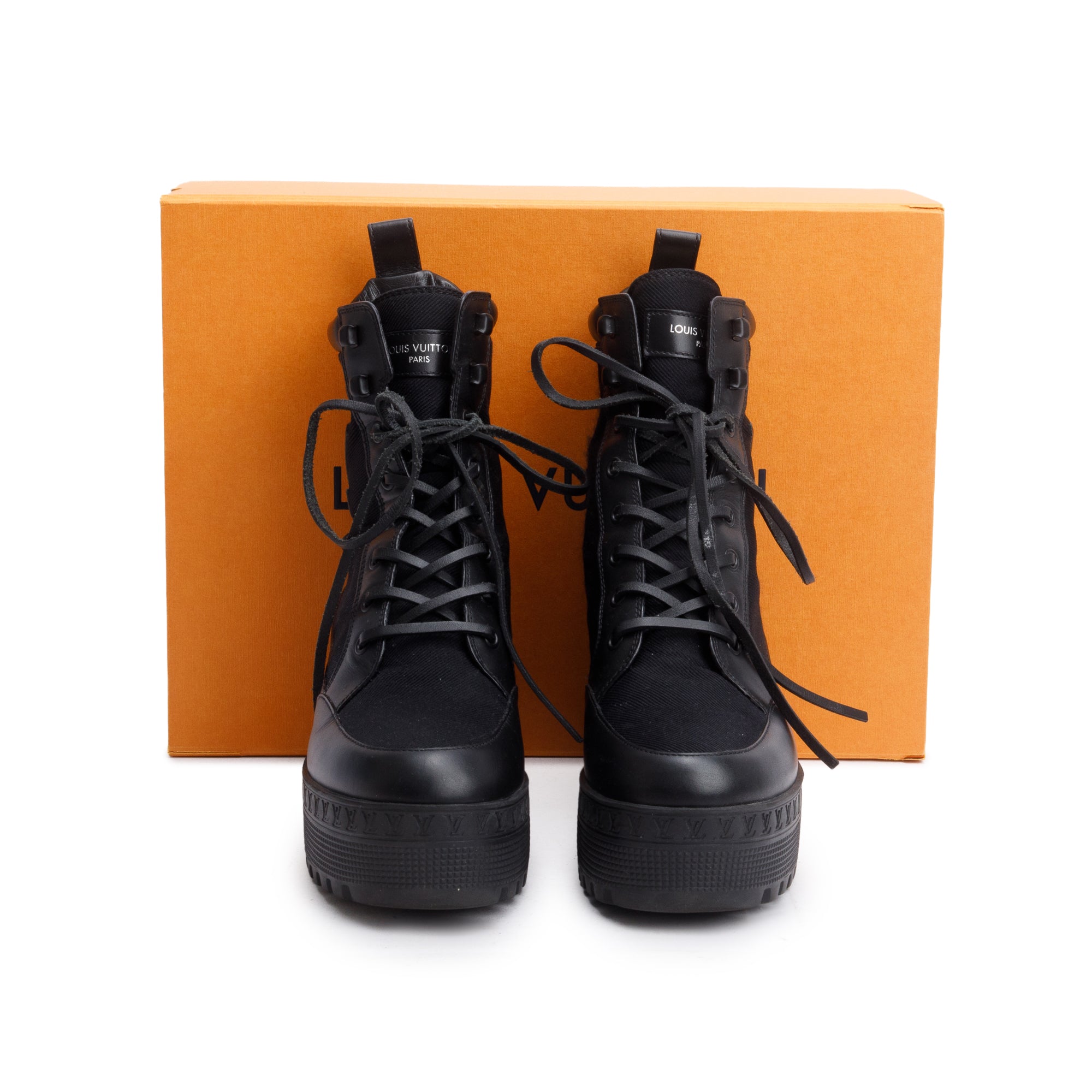 Louis Vuitton 2023 Black Canvas & Leather Laureate Platform Desert Boots, Size 37 w/ Box
