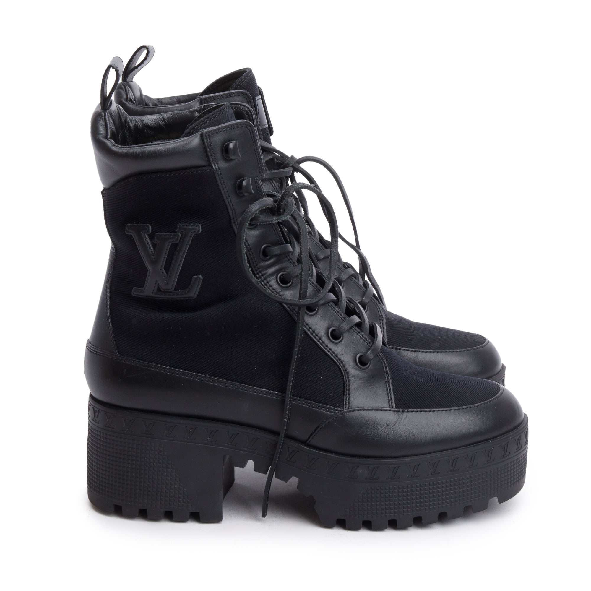 Louis Vuitton 2023 Black Canvas & Leather Laureate Platform Desert Boots, Size 37 w/ Box