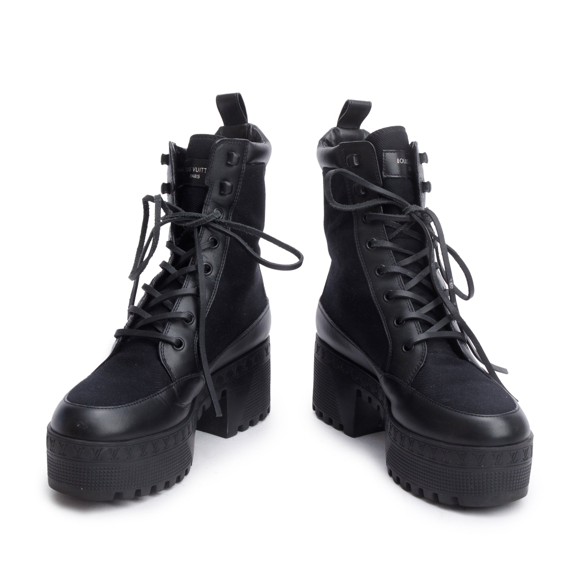 Louis Vuitton 2023 Black Canvas & Leather Laureate Platform Desert Boots, Size 37 w/ Box