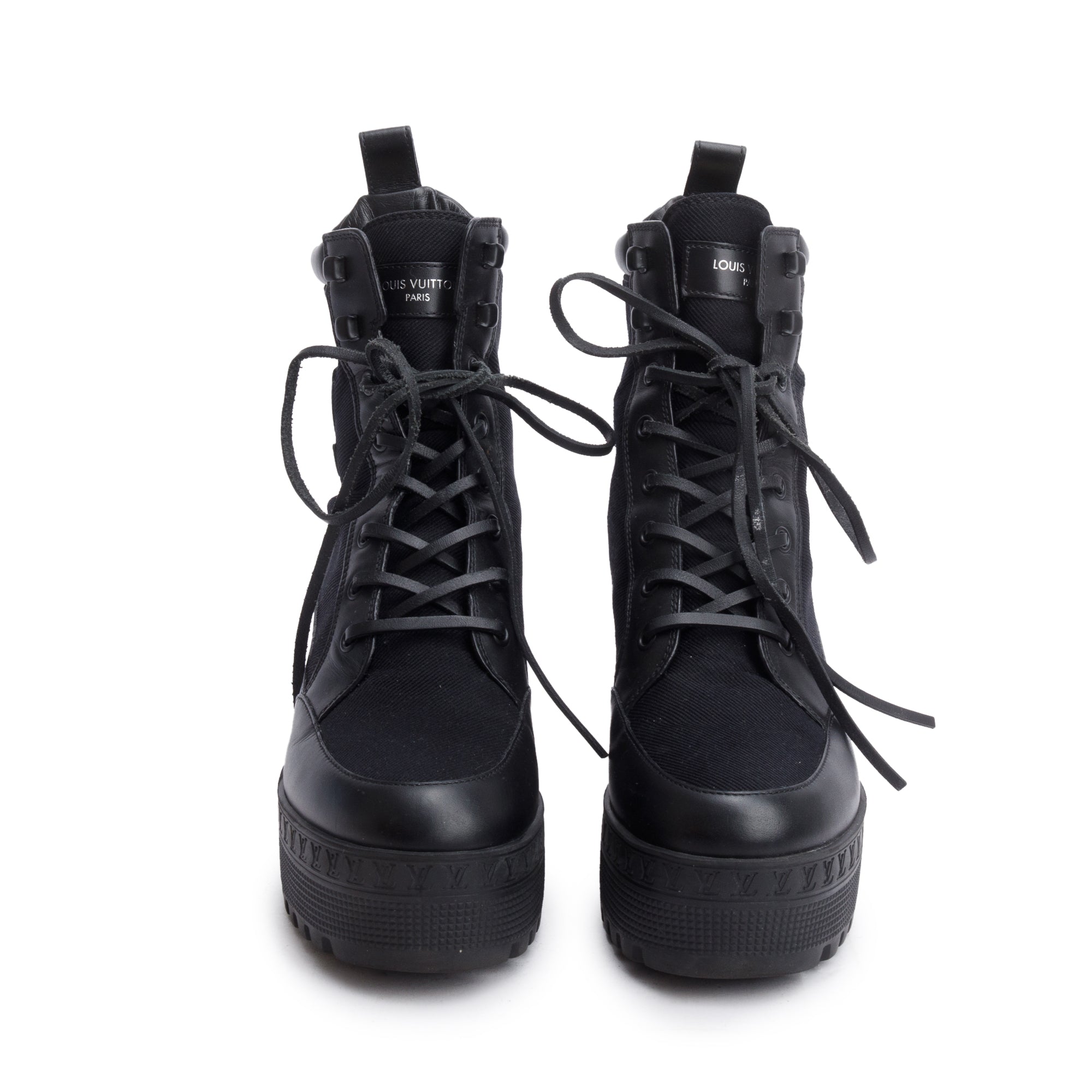 Louis Vuitton 2023 Black Canvas & Leather Laureate Platform Desert Boots, Size 37 w/ Box