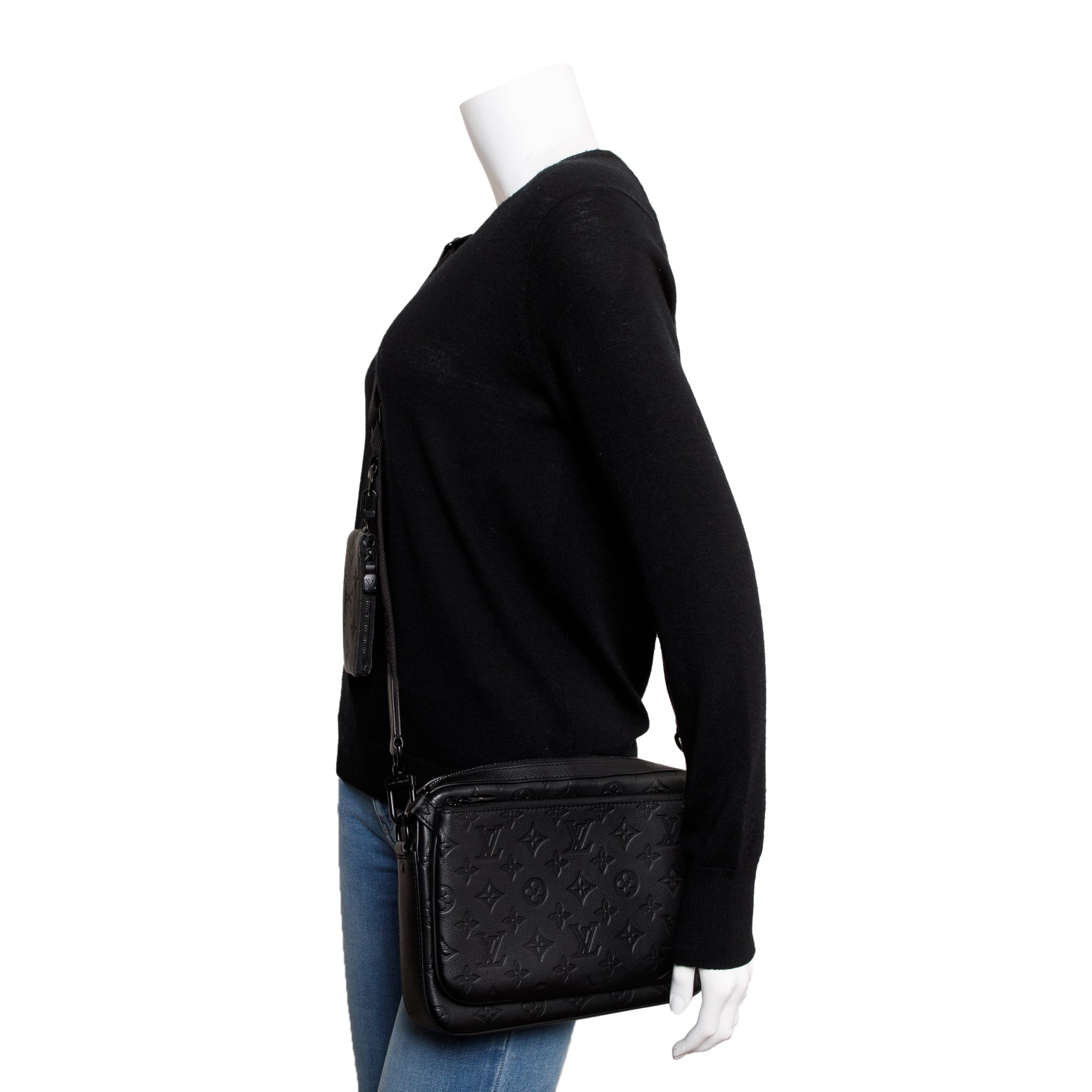 Louis Vuitton 2023 Black Monogram Shadow Embossed Calfskin Leather Trio Messenger Bag w/ Box