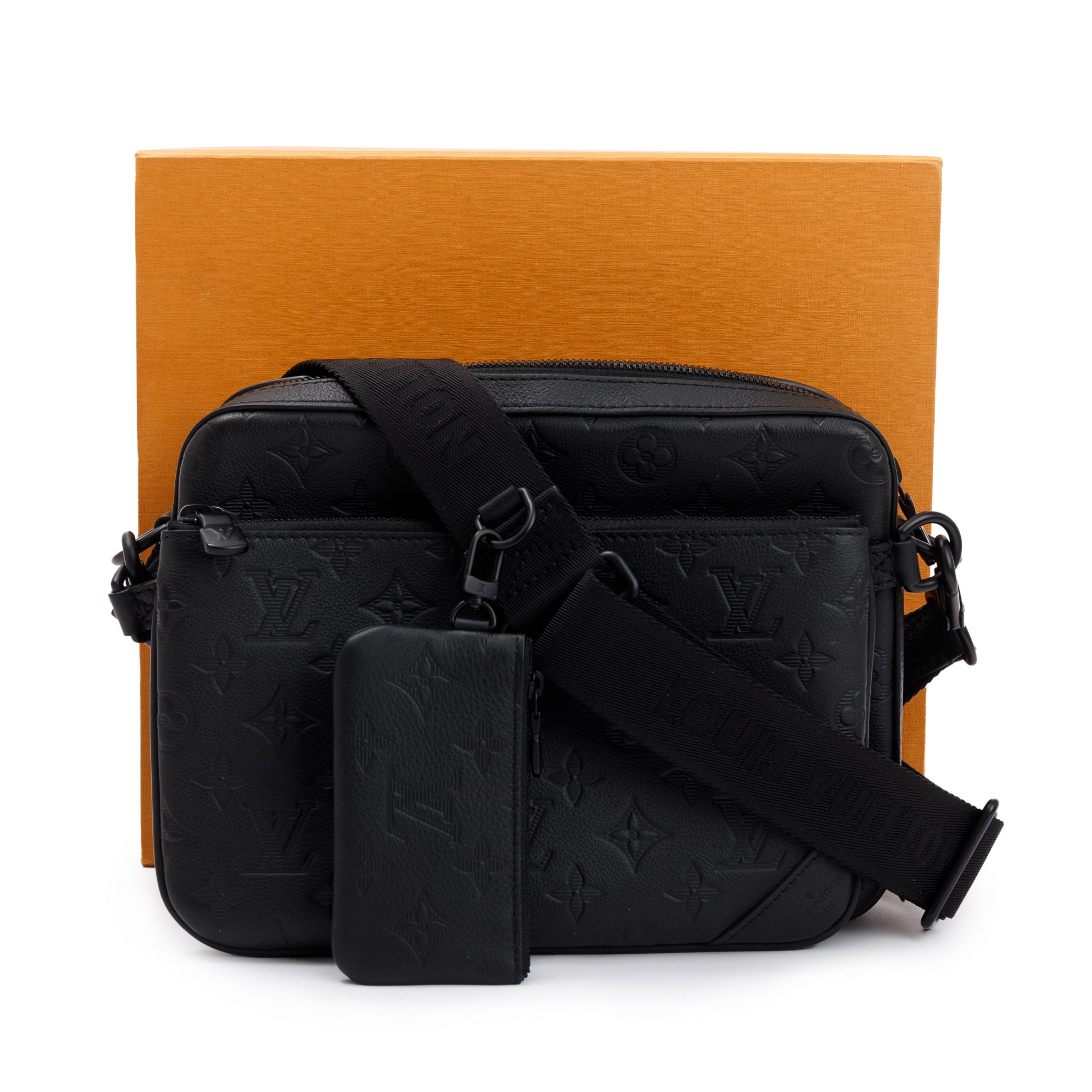 Louis Vuitton 2023 Black Monogram Shadow Embossed Calfskin Leather Trio Messenger Bag w/ Box