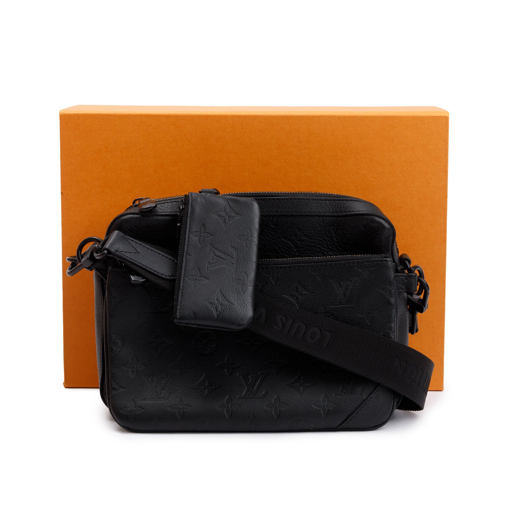 Louis Vuitton 2023 Black Monogram Shadow Embossed Calfskin Leather Trio Messenger Bag w/ Box