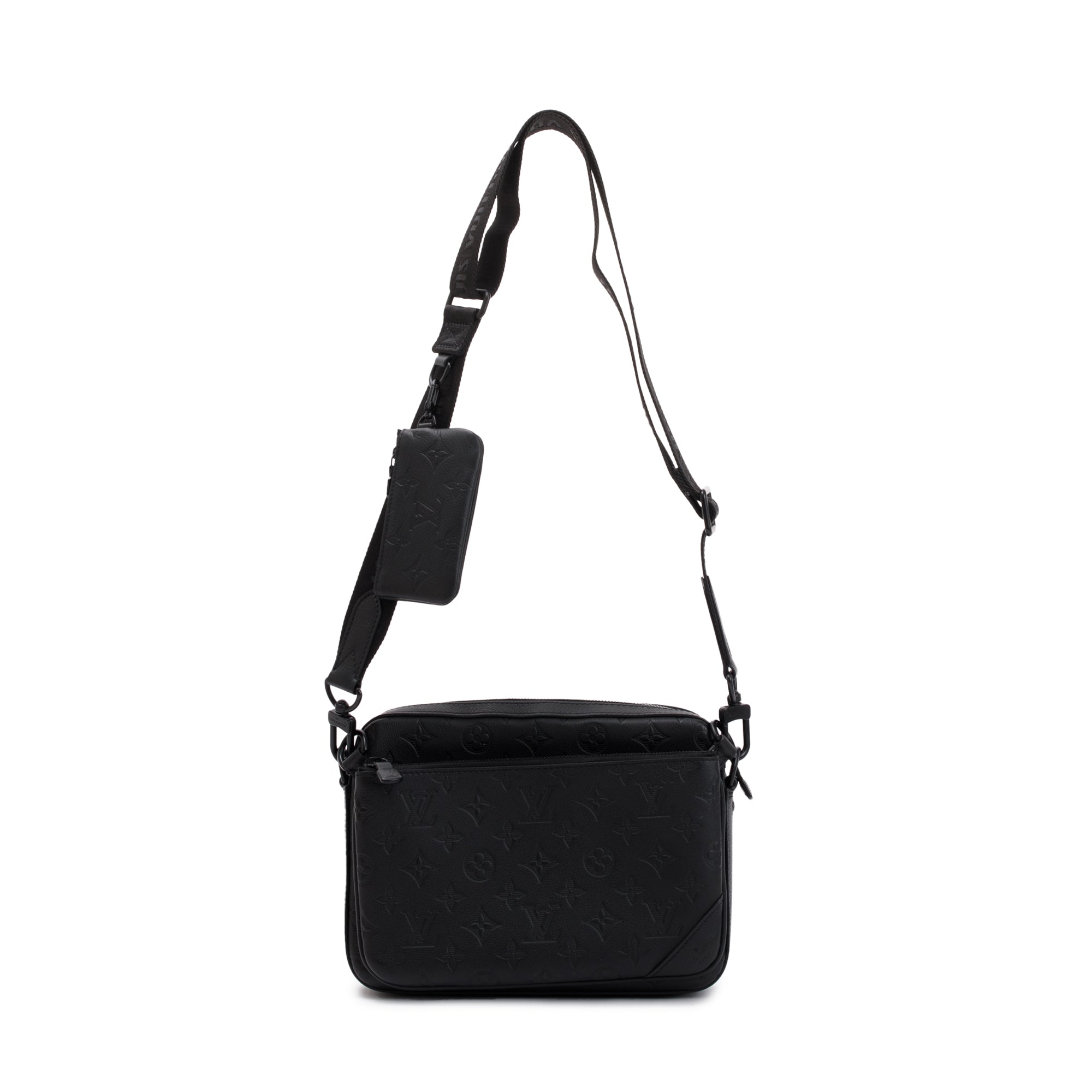 Louis Vuitton 2023 Black Monogram Shadow Embossed Calfskin Leather Trio Messenger Bag w/ Box