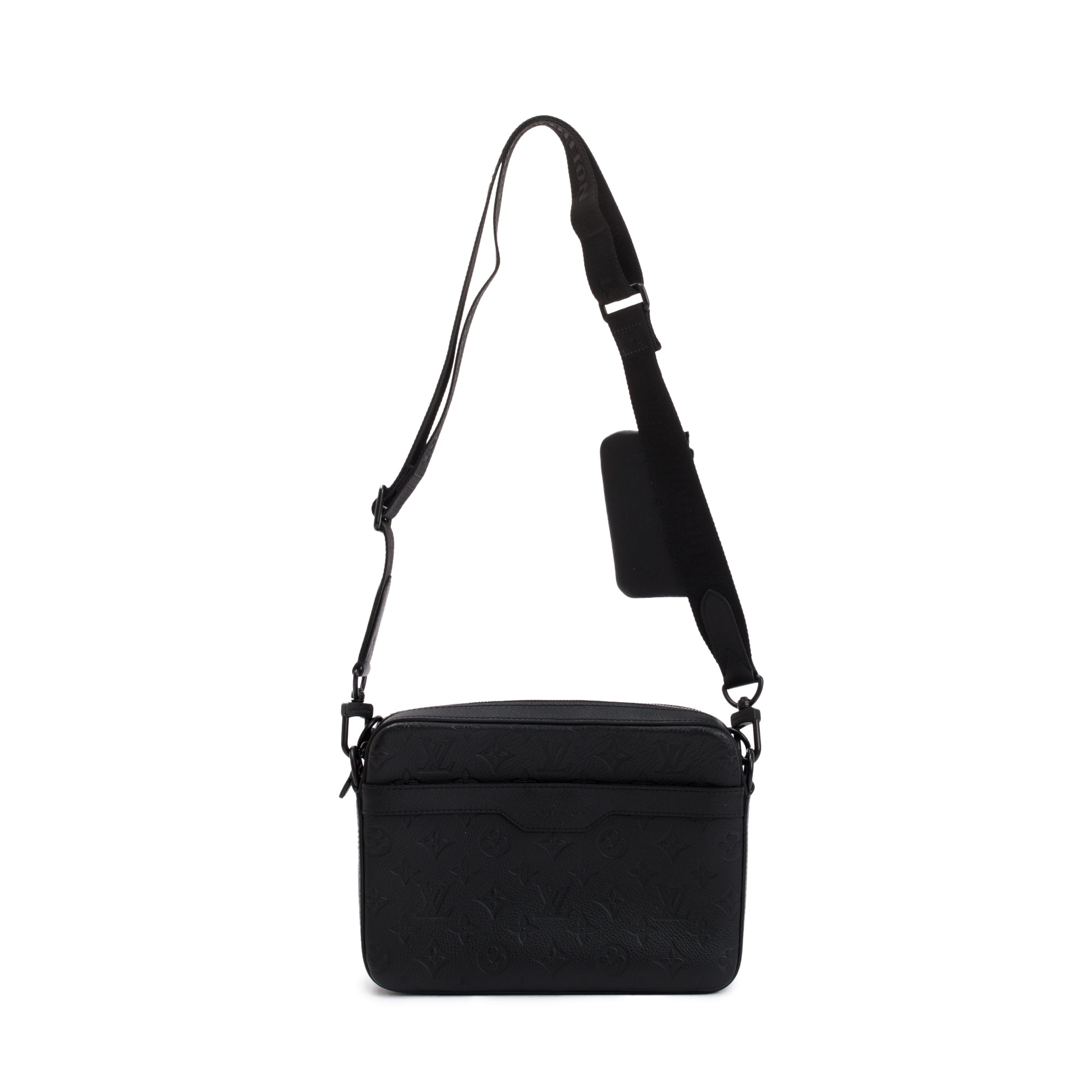 Louis Vuitton 2023 Black Monogram Shadow Embossed Calfskin Leather Trio Messenger Bag w/ Box