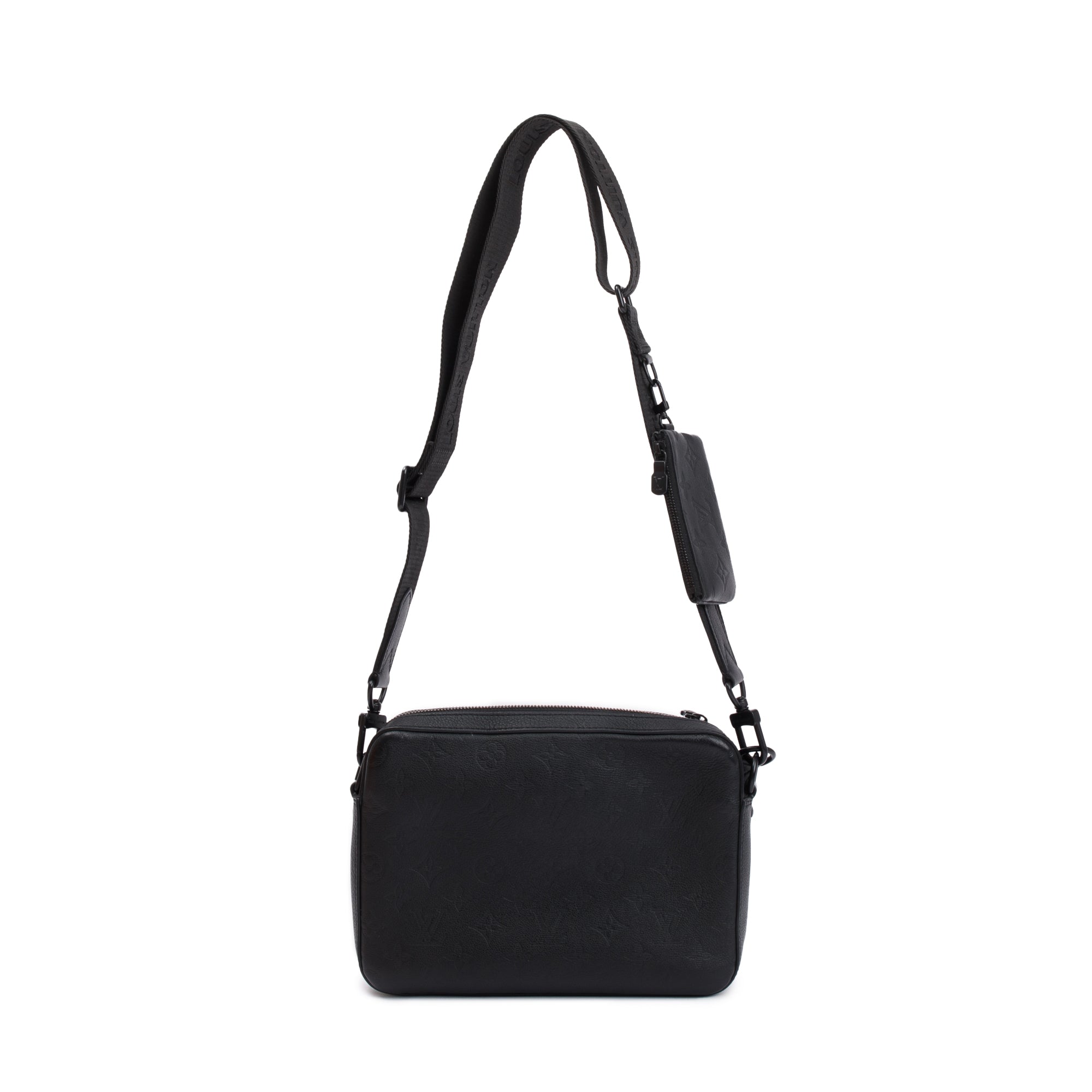 Louis Vuitton 2023 Black Monogram Shadow Embossed Calfskin Leather Trio Messenger Bag w/ Box