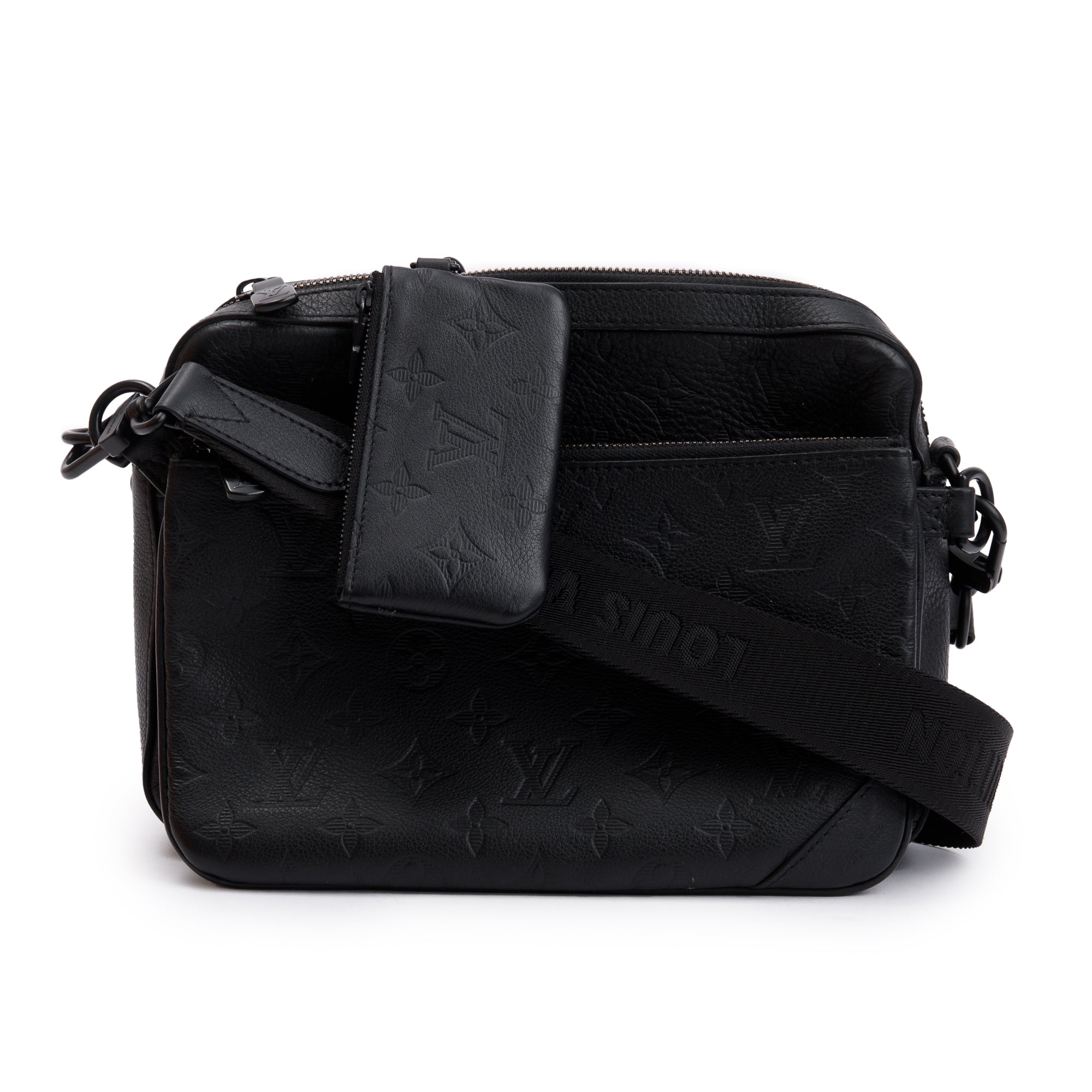 Louis Vuitton 2023 Black Monogram Shadow Embossed Calfskin Leather Trio Messenger Bag w/ Box