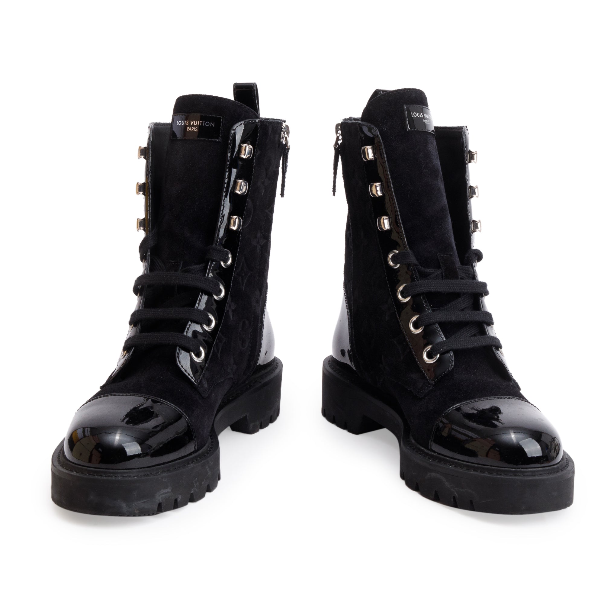 Louis Vuitton 2023 Black Monogram Suede Vernis Trim Territory Flat Ranger Boots, Size 37.5 w/ Box