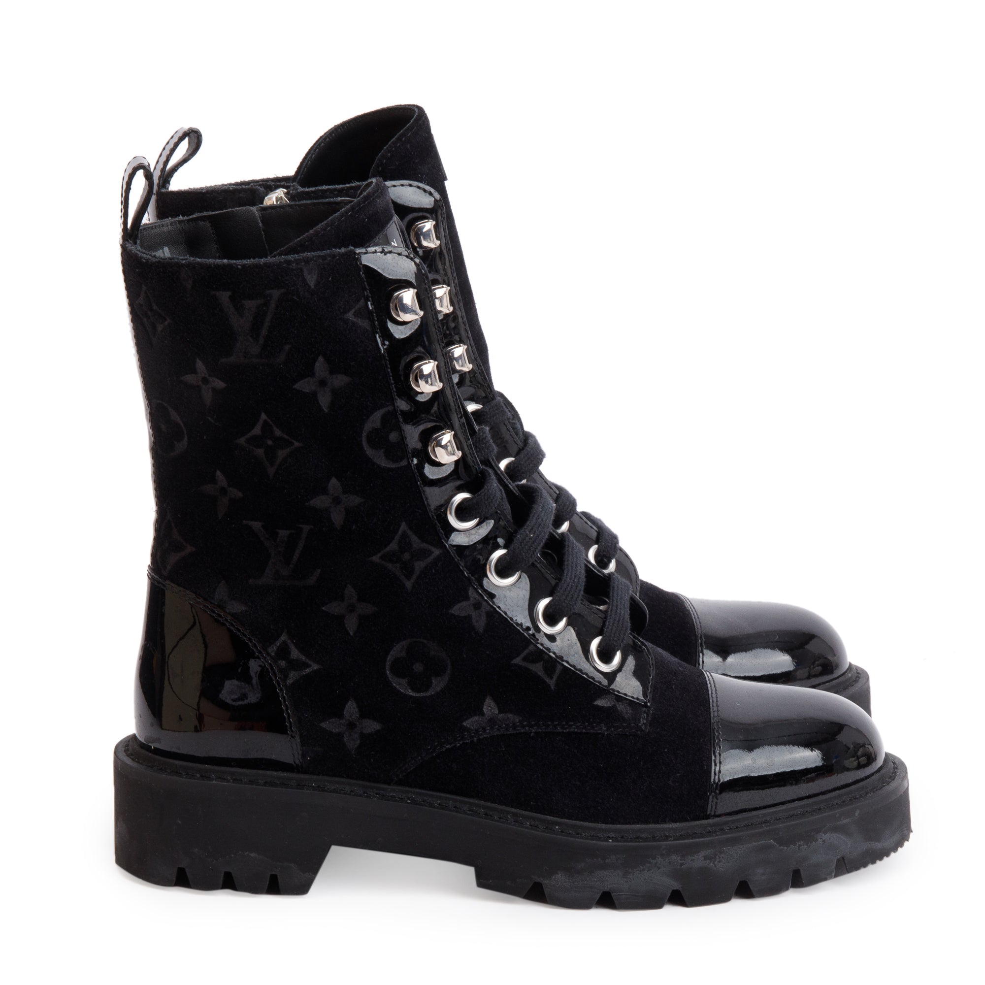 Louis Vuitton 2023 Black Monogram Suede Vernis Trim Territory Flat Ranger Boots, Size 37.5 w/ Box