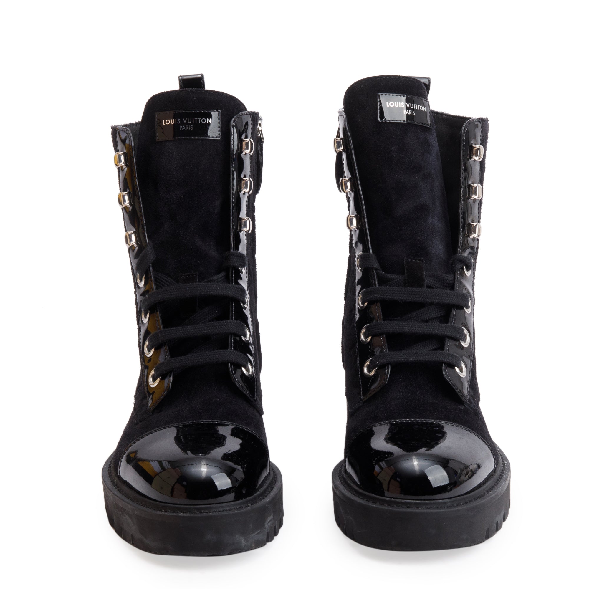 Louis Vuitton 2023 Black Monogram Suede Vernis Trim Territory Flat Ranger Boots, Size 37.5 w/ Box