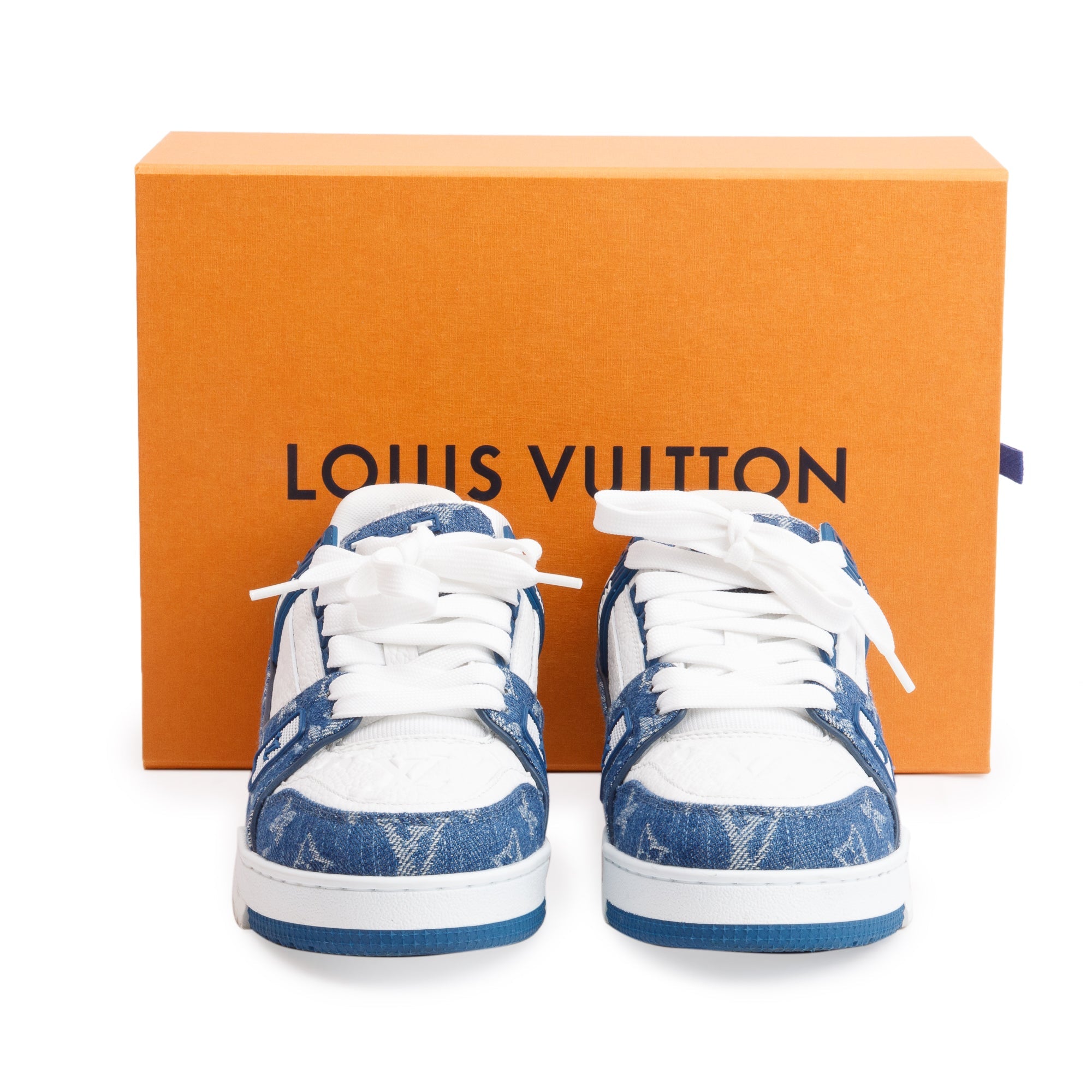 Louis Vuitton 2023 Blue Monogram Denim Calfskin LV Trainer Sneakers, Size 37.5 w/ Box