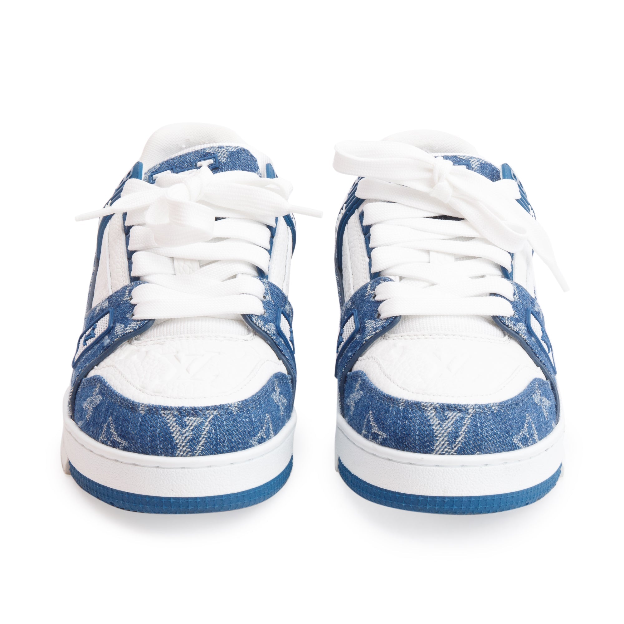 Louis Vuitton 2023 Blue Monogram Denim Calfskin LV Trainer Sneakers, Size 37.5 w/ Box
